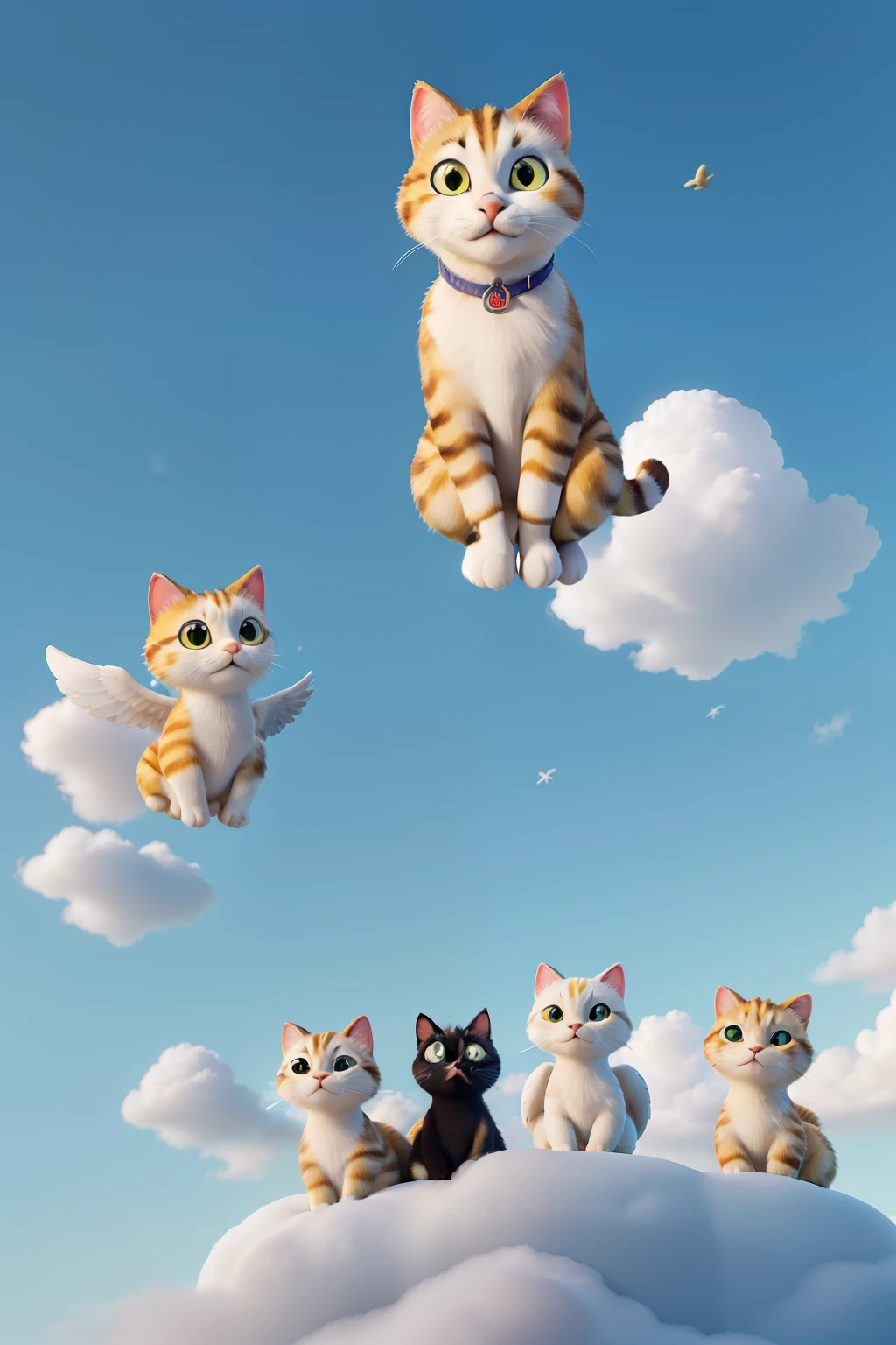 A beautiful sky, with cats of different colors on the clouds, and a large white and yellow cat in the middle of the sky with angel wings. 