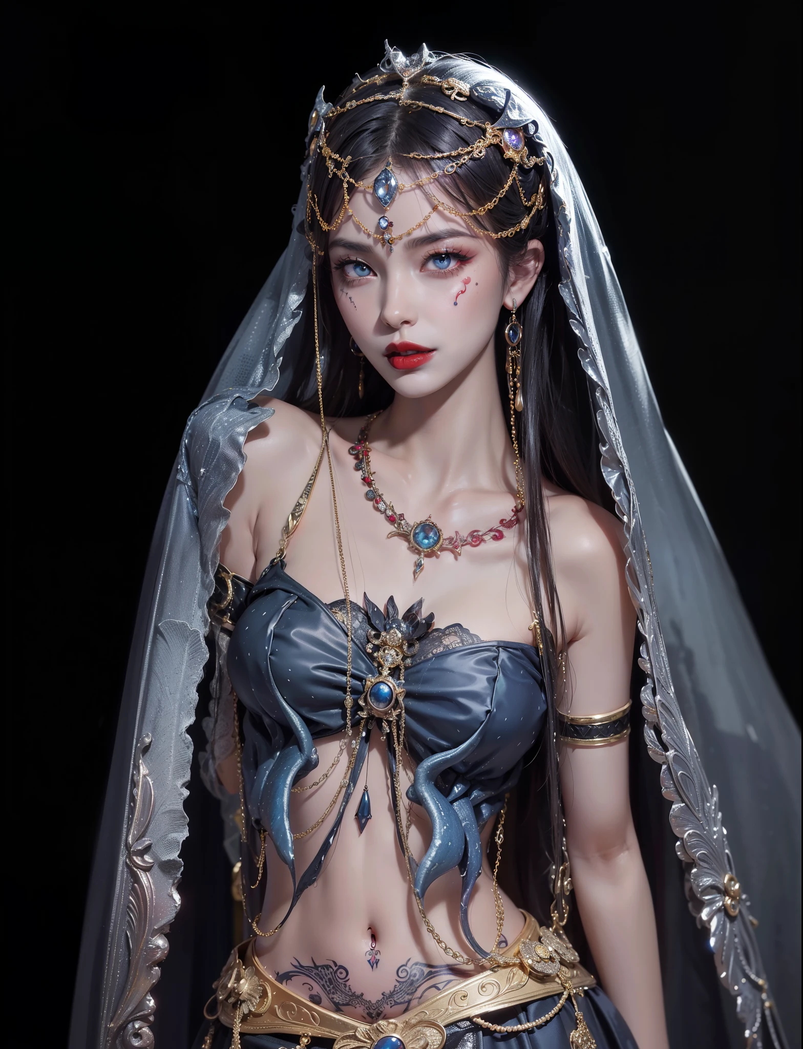 Detailed image quality,Witch Pandora,wing, Succubus Theme,堕落Angel,Excellent,scary,Secret Terror,Tentacles,With eyes,Uncanny Valley Effect,Beast Blood Moon,skeleton,vampire,Hellfire,Dark Queen,Angel,magician magic witch,Angel,Eyes are blue(Pupils as deep as the starry sky),Gorgeous tattoo designs all over the body,Surreal photos(8K picture quality,Rich in details),Dark eyeshadow,Sexy thick lips(Red lipstick),Tattoo designs on body,Dark Queen,Cleopatra,Wearing luxurious gold jewelry,Gorgeous clothes,