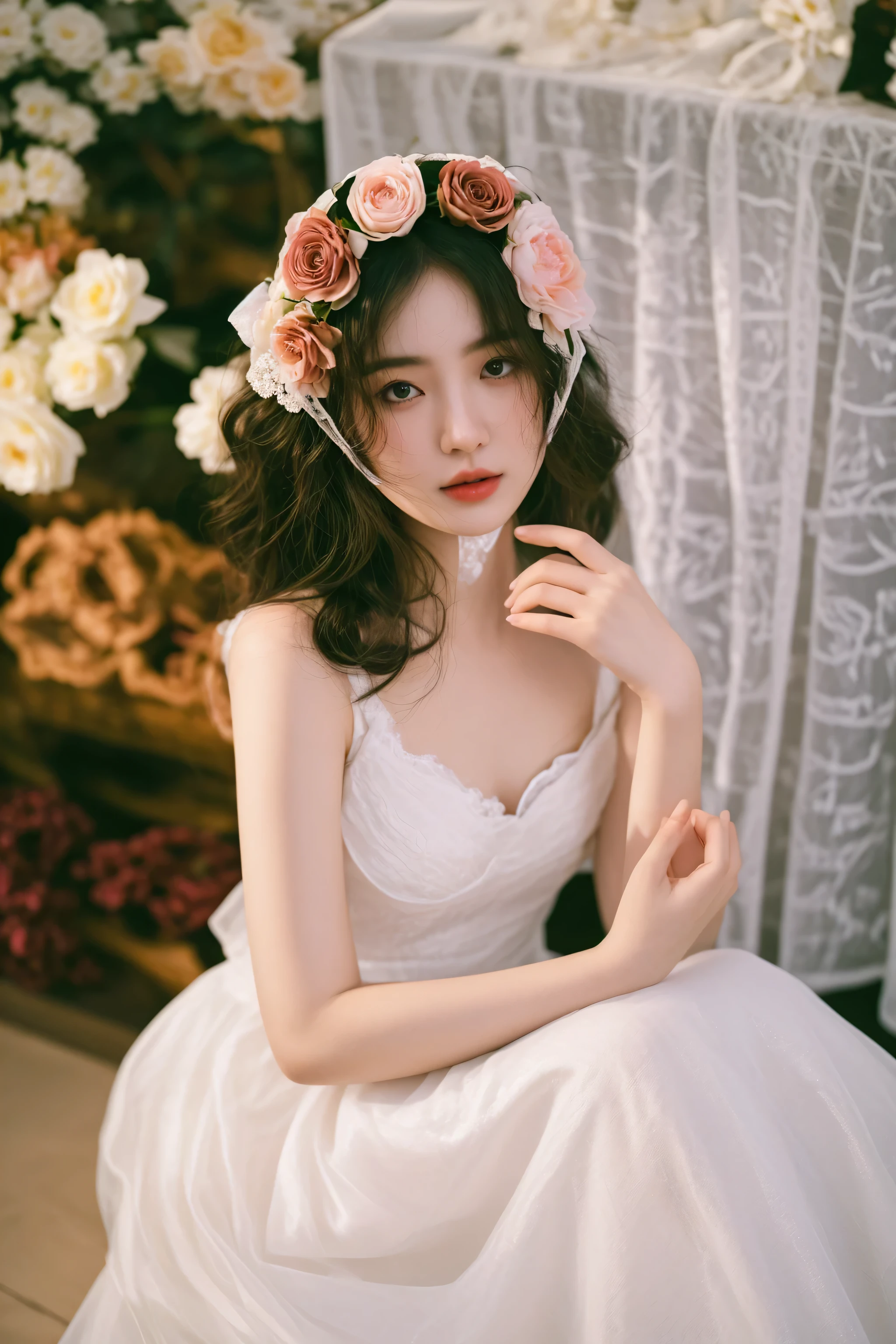 there is a woman in a white dress and a flower crown, guweiz, ethereal beauty, guweiz masterpiece, pale fair skin!!, fairycore, ethereal fairytale, sakimichan, ulzzang, , ethereal and dreamy, ivory pale skin, dreamy and ethereal, romantic dress, pale snow white skin, pale fair skin, lovely delicate face