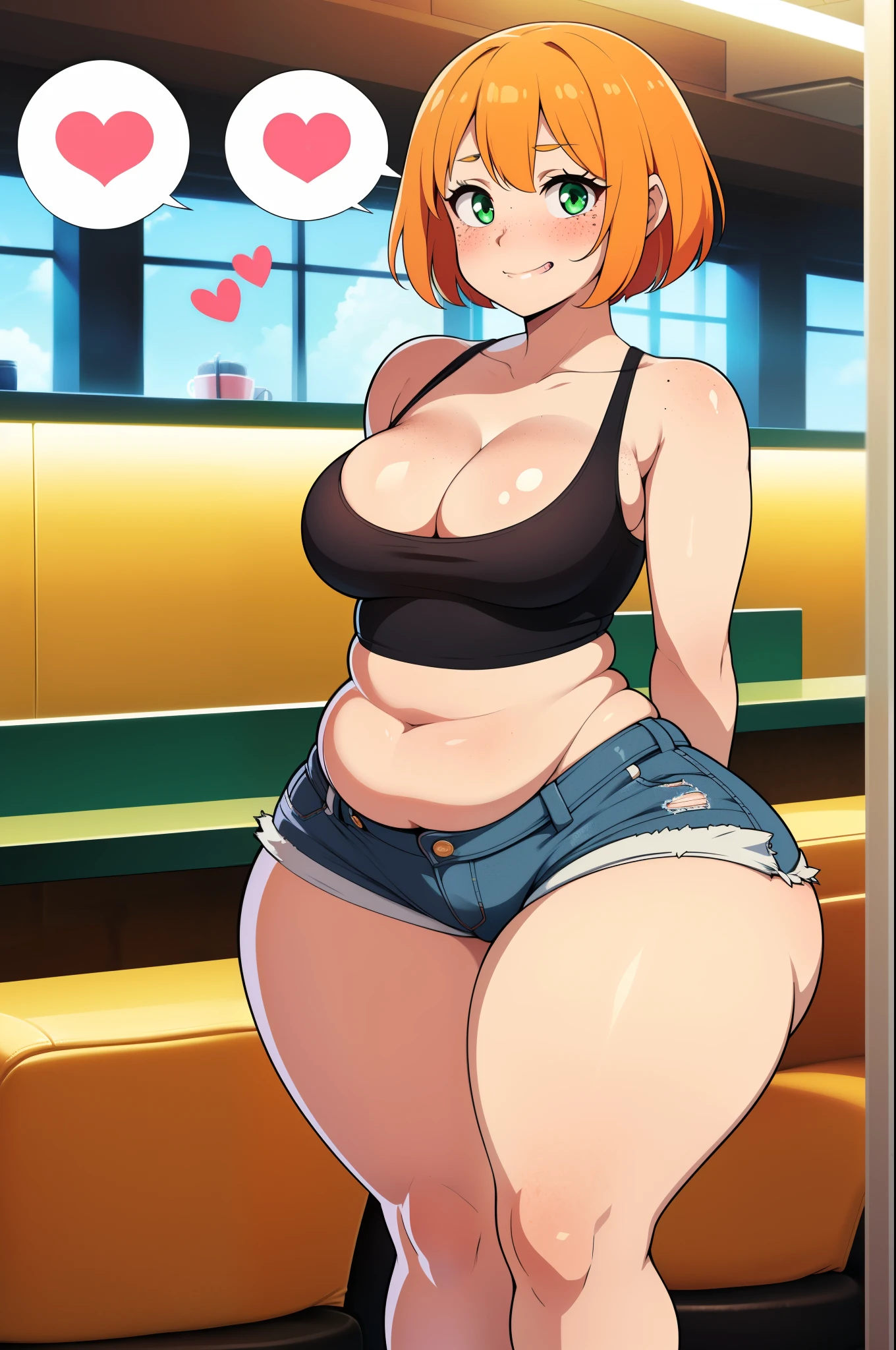 ((highres)), Masterpiece, high quality, best quality, beautiful, perfect lighting, detailed face, ultra cute face, ((1girl)), ((solo), short fluffy orange hair, green eyes, freckles, ((blush)), seductive smile, aroused, spoken heart, looking at viewer, arms behind back, standing in a fast food restaurant, (restaurant), daytime, crop top, shorts, (((thick thighs))), ((wide hips)), cleavage, (medium breasts), (chubby), 20 year old female, 