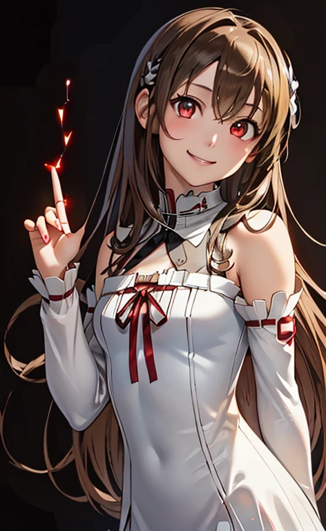 (Photorealistic:1.4)、(asuna,20-year-old:1.5),(masterpiece、lens flare:1.5、spot light:1.2、Exquisite beautiful eye:1.5,portlate),(kind eyes、tareme:1.2),(Demure:1.2)
、Cute Face、 3D Face、(brown hair:1.5)、(wavy hair:1.3),(1 woman)、(Red eyes:1.2)、(cowboy shot)、(fingersmile:1.5)、(head tilt) ,(Cute face:1.2),(flat chest),(),kind face,(white red lace frilled gothic lolita),(black background:1.5)、(glowing eyes:1.3)、()、 Neat and clean、Adorable、Slim Body(Tareme:1.5),Shiny Hair、(Glowing pink Skin)、Nijisketch,Manga,beautifuljapanesewoman