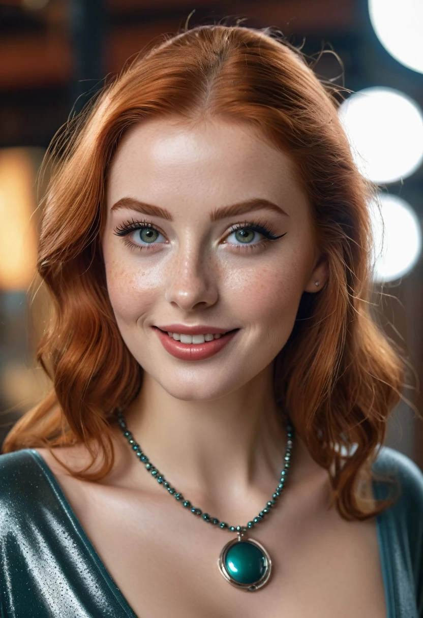 hyperrealistic beautiful busty 20-year-old woman with long legs wearing classic 1950s scifi-movie outfit, model shooting full body photography, natural redhead long straight hair, freckles, soaky wet skin, dark eye makeup with eyeliner, seductive smile, small necklace, 8K, Best quality, Meisterwerk, ultra high resolution, (Realismus: 1.4), Originalfoto, (realistische Hautstruktur: 1.3), (Filmkorn: 1.3), (Selfie-Winkel), 1 girl, Beautiful round hazel eyes and facial details, Meisterwerk, Best quality, indoor photography