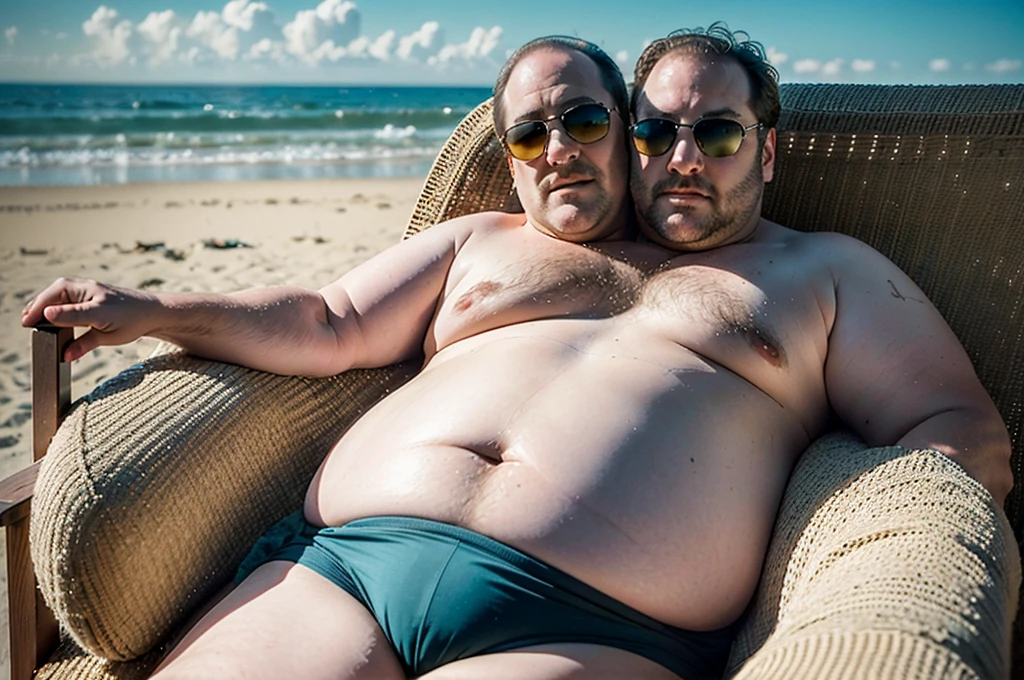 (((2heads))), solo, ((((james gandolfini)))), sunglasses, middle aged, male, (((obese, overweight, fat, chubby, heavy, dadbod))), ((speedo)), epic realistic, hdr, intricate, highly detailed, (depth of field:1.4), faded, (neutral colors:1.2), (hdr:1.4), (muted colors:1.2), hyperdetailed, (artstation:1.4), cinematic, (intricate details:1.1), beach scenery, (rutkowski:0.66), (intricate details) (skin texture:1.2), detailed expressions, natural pose, sitting in beach chair, upper body portrait