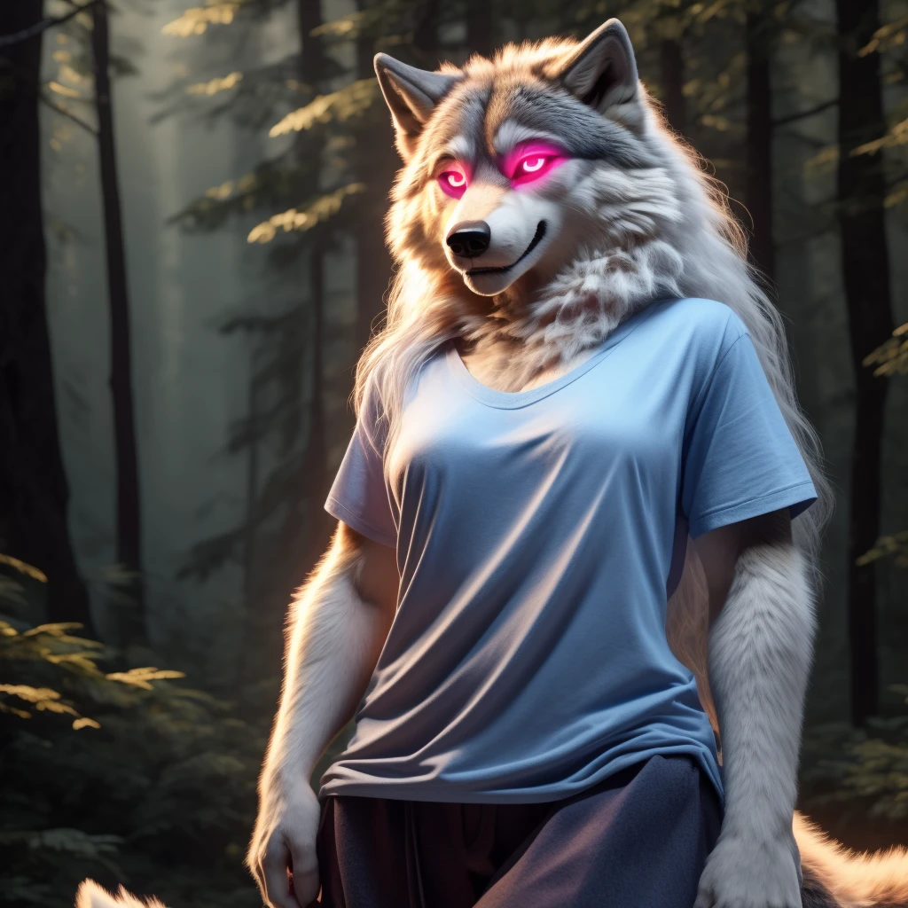 Posing, Female, 30 years old, cute, eyeliner, long hair, biting lip smile, blue shirt, bedroom eyes, anthro, wolf ears, (white fur:1.5), baggy shirt, wolf, forest background, 8k, hi res, (best quality, masterpiece), red glowing eyes, (wolf tail:1.5), detailed fur