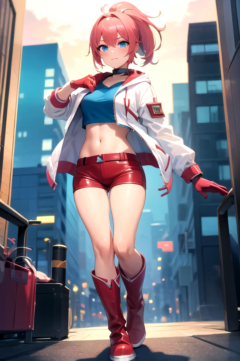 1girl, blue eyes, short pink hair, ponytail, red croptop, blue short, white jacket, red boots, red gloves, city, similing, standing, looking at viewer