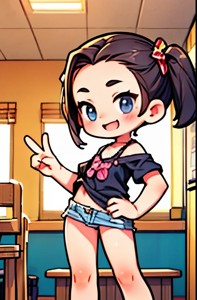 (a young girl with tiny body,) flat chest, large nipples, huge buttocks, dark hair, indoor scene, knee-shot, 5 head size, casual and revealing outfit, looking at camera, and innocent,open mouth smile ,peacesign, Kindergarteners