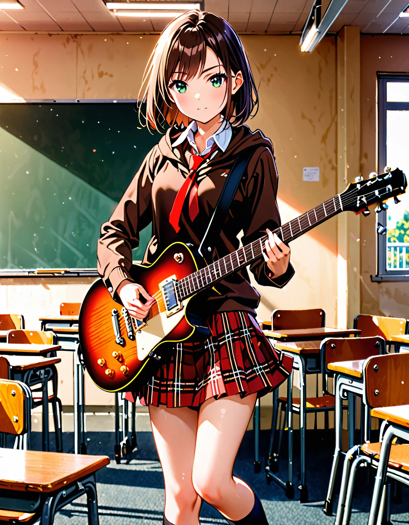 1girl, high school student, dark brown hoodie jacket, white shirt, red ribbon bow necktie, pleaded skirt, miniskirt, bare legs, black socks, brown shoes, jet black hair, short hair, green eyes, beautiful detailed eyes, beautiful detailed face, cute face, medium breasts, age 16-18, solo, solo focus, (playing guitar, electric guitar), classroom backdrop, warm lighting, empty classroom