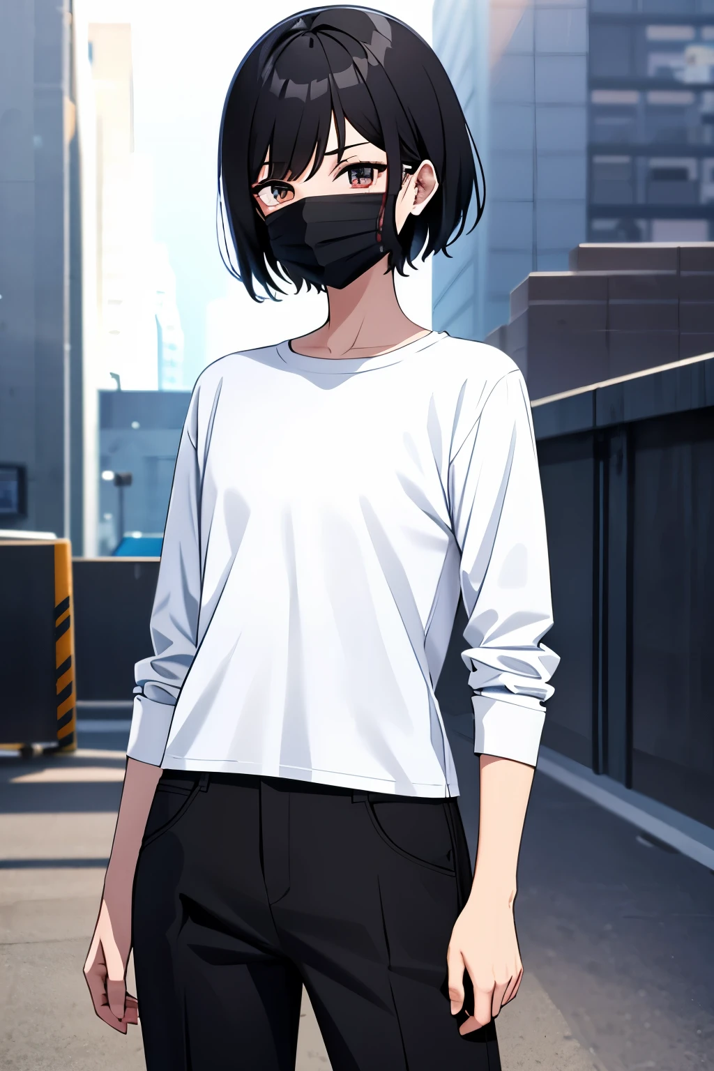 Generate an image of a woman wearing boyish fashion。one person,Black Hair,Short Hair,Anime Style,Full color CG images,Looking at the audience,Cowboy Shot,Solid black surgical mask,White long sleeve T-shirt,Baggy black trousers