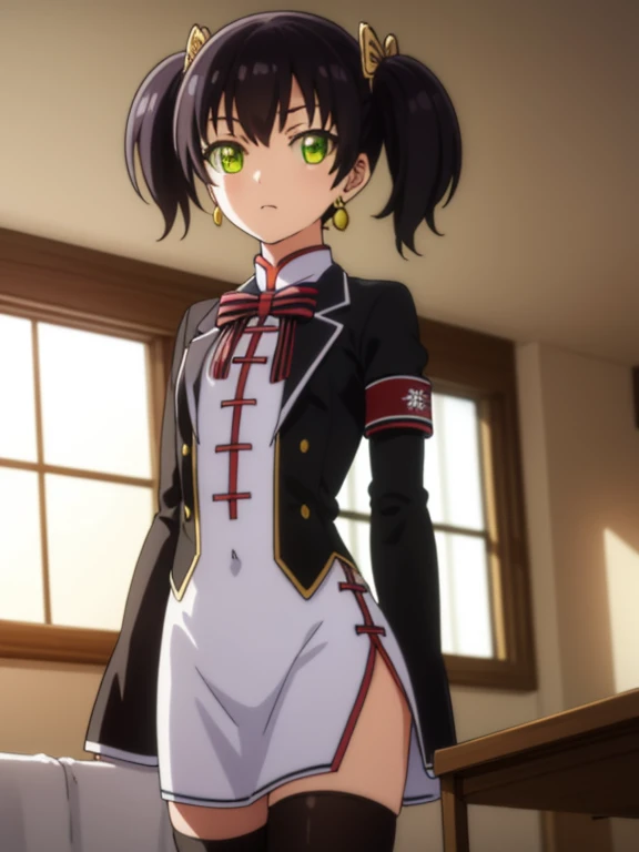 kochouwang, kochou wang, short hair, black hair, twintails, (green eyes:1.3),
BREAK thighhighs, long sleeves, dress, bow, ribbon, jewelry, earrings, black thighhighs, sleeves past wrists, chinese clothes, armband, sleeves past fingers,
BREAK indoors, classroom,
BREAK looking at viewer, (cowboy shot:1.5),
BREAK (masterpiece:1.2), best quality, high resolution, unity 8k wallpaper, (illustration:0.8), (beautiful detailed eyes:1.6), extremely detailed face, perfect lighting, extremely detailed CG, (perfect hands, perfect anatomy),