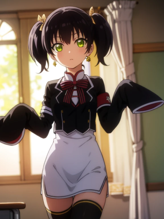 kochouwang, kochou wang, short hair, black hair, twintails, (green eyes:1.3),
BREAK thighhighs, long sleeves, dress, bow, ribbon, jewelry, earrings, black thighhighs, sleeves past wrists, chinese clothes, armband, sleeves past fingers,
BREAK indoors, classroom,
BREAK looking at viewer, (cowboy shot:1.5),
BREAK (masterpiece:1.2), best quality, high resolution, unity 8k wallpaper, (illustration:0.8), (beautiful detailed eyes:1.6), extremely detailed face, perfect lighting, extremely detailed CG, (perfect hands, perfect anatomy),