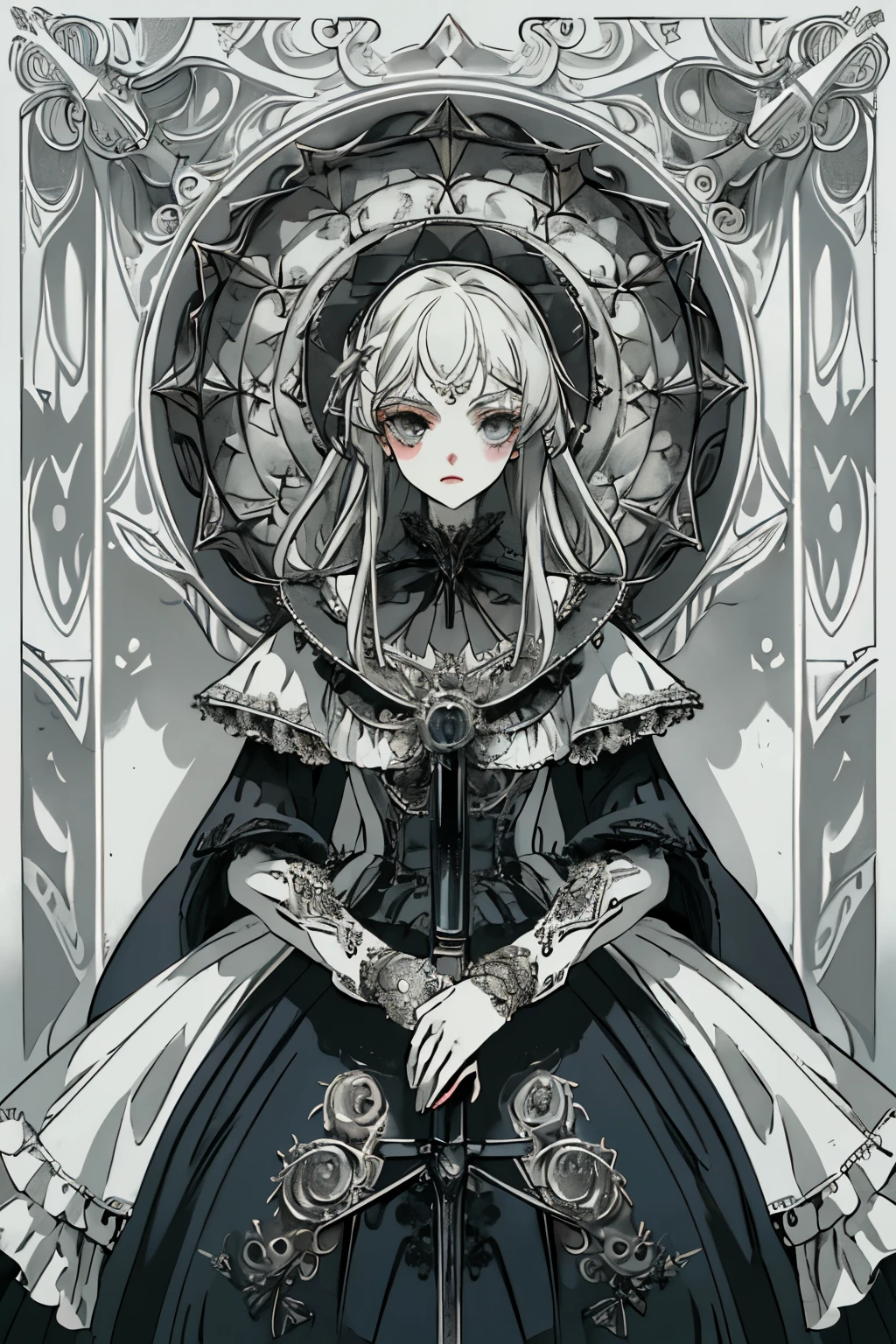 ((best quality)), ((masterpiece)), (detailed), perfect face ((best quality)), ((masterpiece)), (detailed), blank white background, plain background, white background, Bloodborne inspired,  occult aesthetic, occult, detailed and intricate steampunk and detailed gothic, (zentangle, mandala, tangle, entangle),  NSFW, torn clothing, Very dramatic and cinematic lighting, cosmic horror, grim-dark, side-lighting, perfect face, a beautiful goddess adorned and enshrined in armour, Bloodborne inspired , occult aesthetic , occult , detailed and intricate steampunk and detailed gothic , wielding a sword and holding a shield, NSFW, Fluttering lace flared dress with frilly petticoats, knee length dress, pleated petticoats, lolita dress, petticoats gothic lolita, side-lighting, gothic lolita aesthetic, beautiful small breasts, small breasts, full body, whole body, body, plain background, white background, blank background, no background, white background NSFW, full body, whole body, head-to-toe