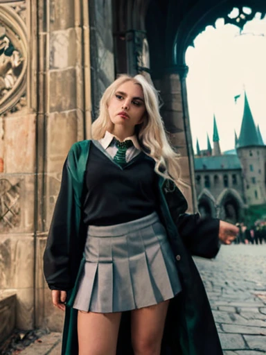 Cinematic shot of a girl wearing a slytherin uniform, sexy cosplay, cleavage, very short skirt, sexy legs, black robe gray skirt, hot blonde girl, hogwarts, low angle, muted colors, dark palette, hazy twilight,  cinematic, epic realism, RAW photo, 8K, highly detailed , (looking away, looking far:1.3)  