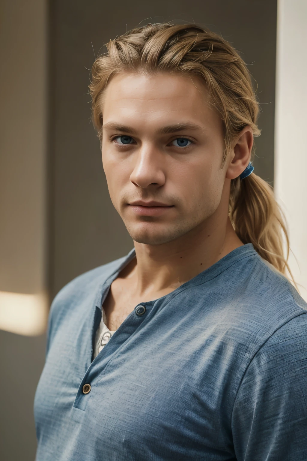 (masterpiece, absurdres, highres, ultra detailed), 1man, wavy blonde hair, adult, blue eyes, ponytail, male focus,handsome face, casual clothes, charming, lovely, detailed eyes and face,