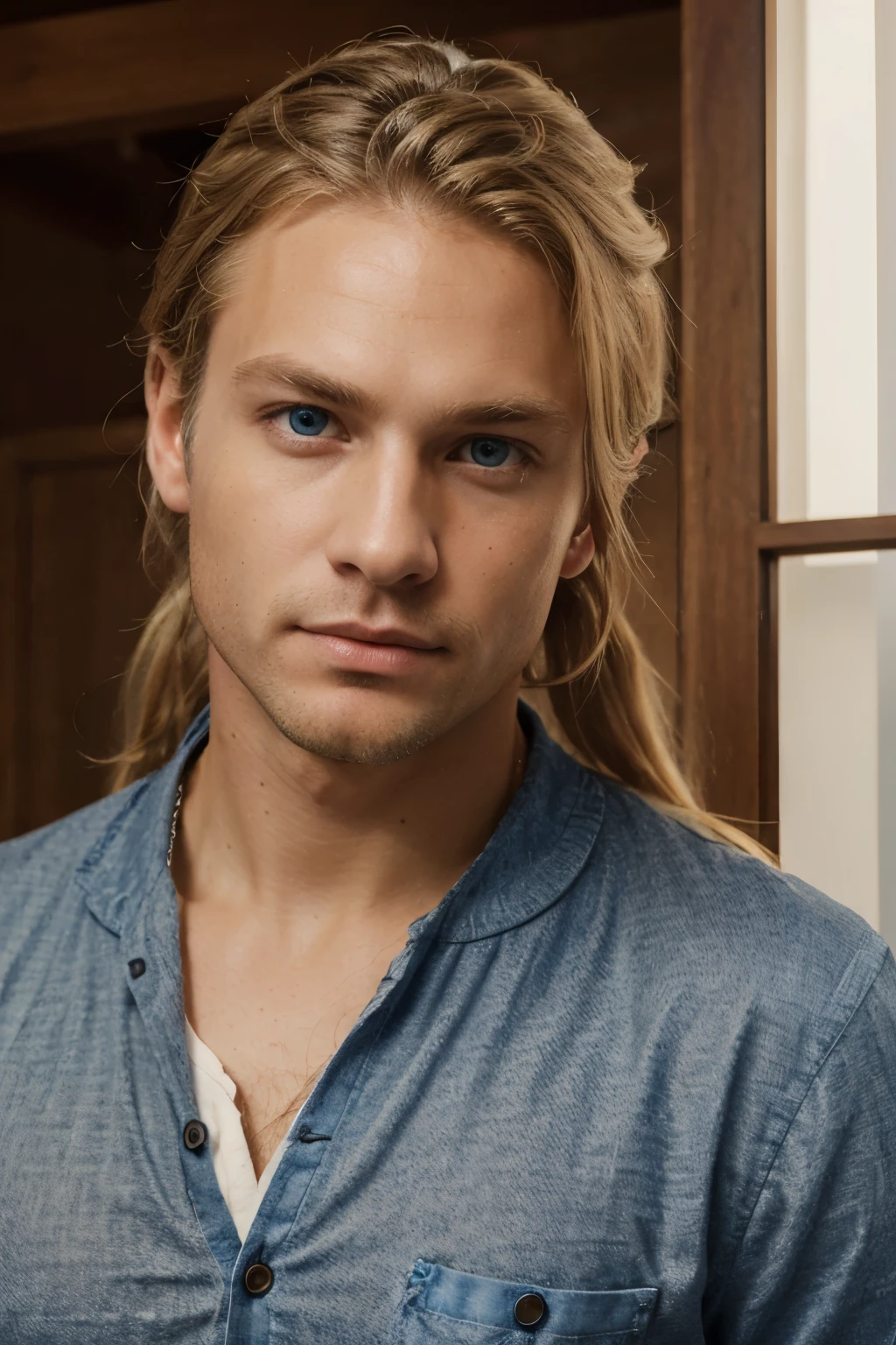 (masterpiece, absurdres, highres, ultra detailed), 1man, wavy blonde hair, adult, blue eyes, ponytail, male focus,handsome face, casual clothes, charming, lovely, detailed eyes and face,