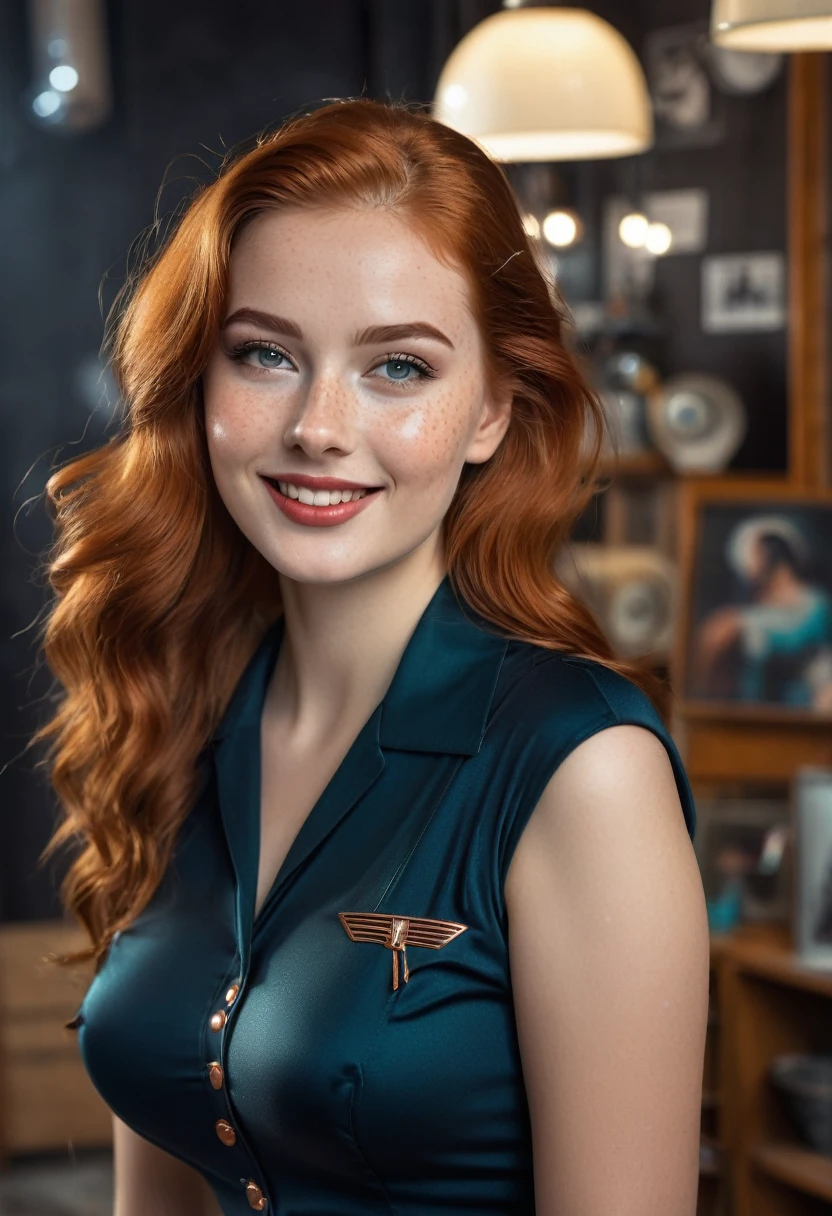 hyperrealistic beautiful busty 20-year-old woman with long legs wearing classic 1950s sciencefiction movie outfit, model shooting full body photography, natural redhead long straight hair, freckles, soaky wet skin, dark eye makeup with eyeliner, seductive smile, small necklace, 8K, Best quality, Meisterwerk, ultra high resolution, (Realismus: 1.4), Originalfoto, (realistische Hautstruktur: 1.3), (Filmkorn: 1.3), (Selfie-Winkel), 1 girl, Beautiful round hazel eyes and facial details, Meisterwerk, Best quality, indoor photography