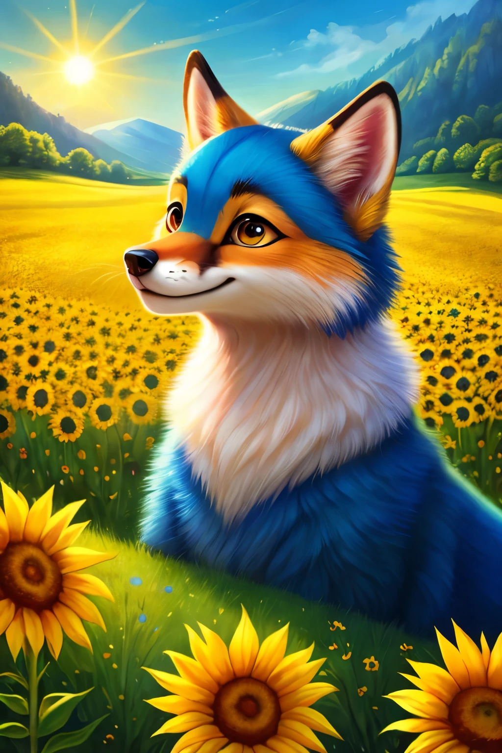 Medium close-up shot, a charming and intricate full-size portrait of a fluffy anthro character, resembling a red fox with a stunning blue tail, round ears, and an elongated muzzle, adorned with a radiant smile. Set in a fantastical landscape under the golden glow of the sun, this peaceful scene features a beautiful meadow filled with vibrant flowers and lush green grass, with the sparkling sea serving as a serene backdrop. The detailed background includes a picturesque field of blooming sunflowers, adding a delightful touch to this enchanting image. This fairytale character embodies a whimsical charm, reminiscent of classic
