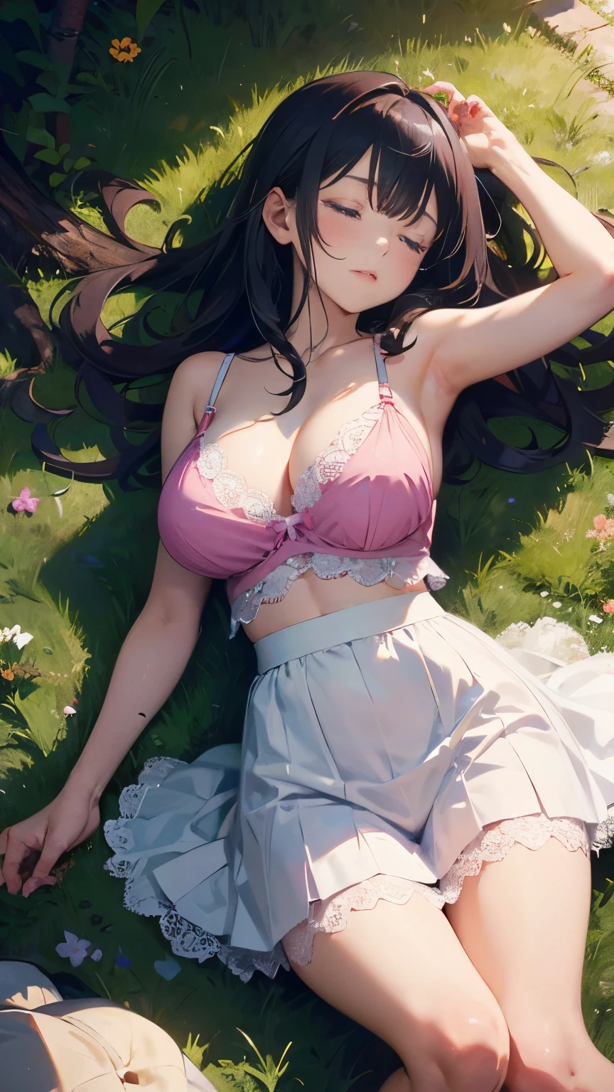 illustration：Ultra-delicate，Lace pink lingerie，White skirt，long hair，Tears，dislike，Large Breasts，Sleep on the grass