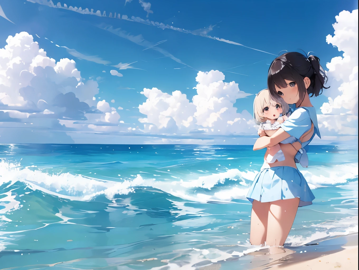 Short bob girl、A light blue bra clinging to a pure white dress shirt、A light blue mini skirt with cute white shorts that are lifted up、barefoot、Sandy beach, cumulonimbus clouds and blue sky、up、Sisters Hug