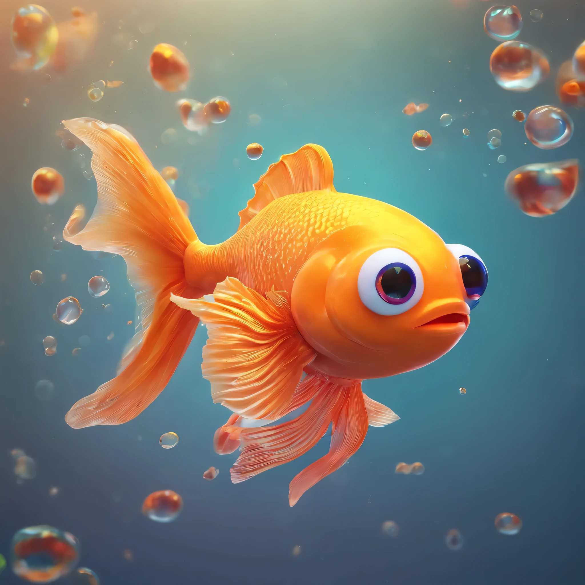 A Beautiful goldfish with big round eyes and an infectious smile, colorful Disney style, vibrant colors at the bottom of the ocean, Funny face