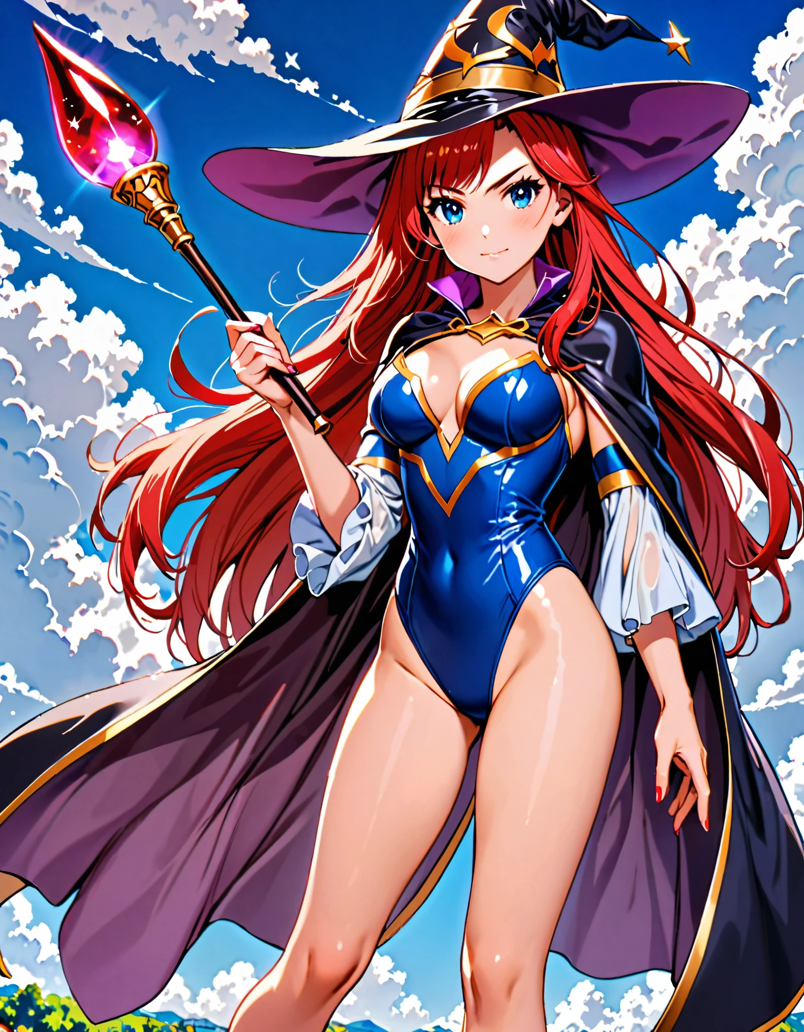 1girl, high school student, superhero, holding wand, superhero sorceress witch, sky witch, leotard, blue leotard with white accents, bare legs, blue thigh-highs, red high heels, witch hat, red hair, long hair, blue eyes, beautiful detailed eyes, beautiful detailed face, cute face, medium breasts, -18, solo, solo focus, wonder