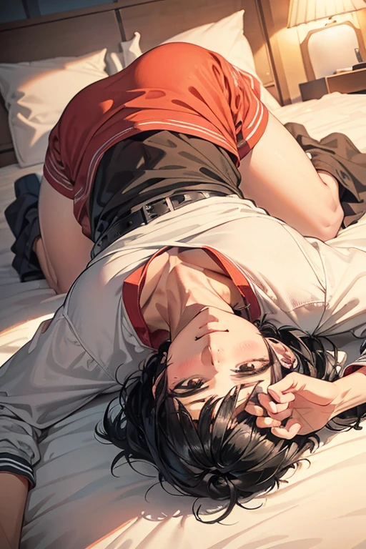black haired man lying face up, short fuzzy black hair, handsome roguish male, matching perspective, matching lighting,