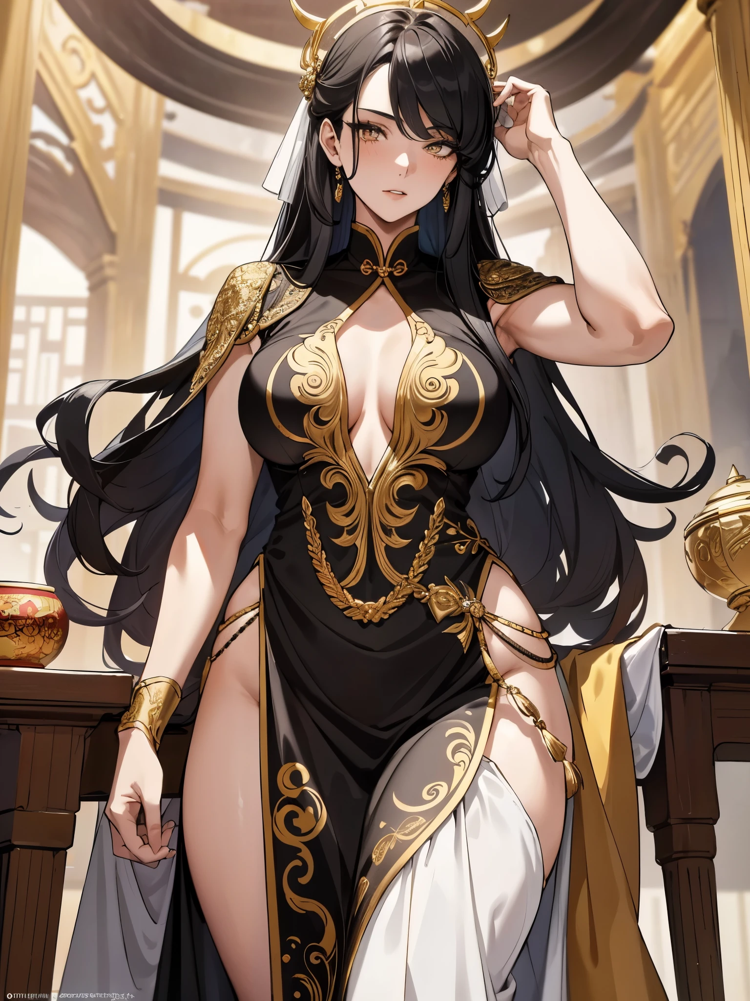 masterpiece: 1.2, (best quality), realistic, (real image, intricate details, 1 age girl in her early 20s, depth of field), (1 girl, solo), makeup, parted lips, highly detailed , perfect face, (above average breasts: 1.8), (skindentation), natural thighs, hips in proportion to the body, attractive waist, high and shiny coral lips, moderate musculature, (long black hair: 1.2), (beautiful bright gold eyes), attractive, imposing, inspiring, wearing pure white dress, Chinese oriental style dress, posing alone facing the viewer, background setting in Chinese oriental pavilion.