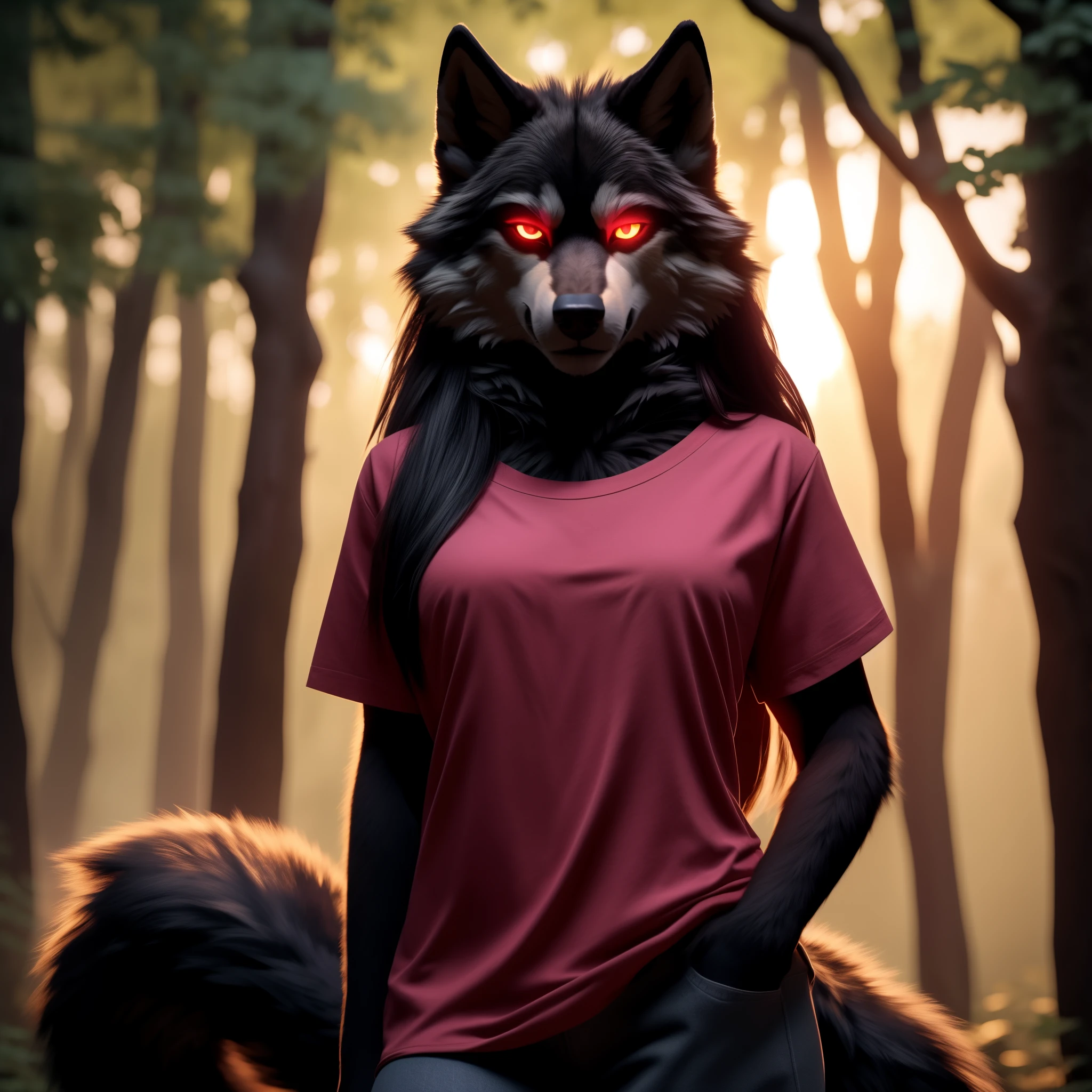 Posing, Female, 30 years old, cute, eyeliner, long hair, smirk, red shirt, bedroom eyes, anthro, wolf ears, (black fur:1.5), baggy shirt, wolf, forest background, 8k, hi res, (best quality, masterpiece), red glowing eyes, (wolf tail:1.5), detailed fur