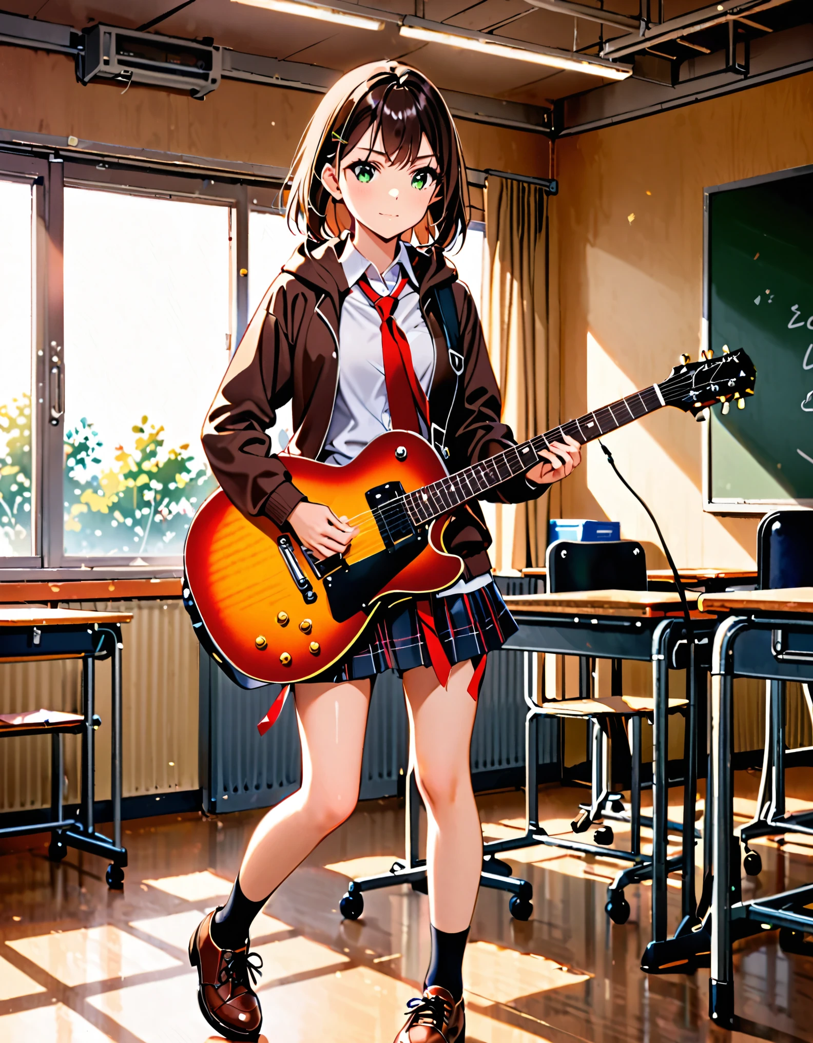 1girl, high school student, dark brown hoodie jacket, white shirt, red ribbon bow necktie, pleaded skirt, miniskirt, bare legs, black socks, brown shoes, jet black hair, short hair, green eyes, beautiful detailed eyes, beautiful detailed face, cute face, medium breasts, age 16-18, solo, solo focus, (playing guitar, electric guitar), classroom backdrop, warm lighting, empty classroom