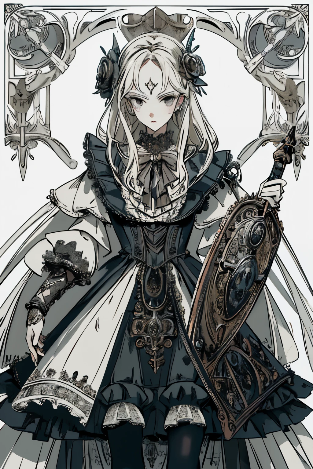 ((best quality)), ((masterpiece)), (detailed), perfect face ((best quality)), ((masterpiece)), (detailed), blank white background, plain background, white background, Bloodborne inspired, occult aesthetic, occult, detailed and intricate steampunk and detailed gothic, (zentangle, mandala, tangle, entangle), NSFW, torn clothing, Very dramatic and cinematic lighting, cosmic horror, grim-dark, side-lighting, perfect face, a beautiful goddess adorned and enshrined in armour, Bloodborne inspired , occult aesthetic , occult , detailed and intricate steampunk and detailed gothic , wielding a sword and holding a shield, NSFW, Fluttering lace flared short dress with frilly petticoats, knee length dress, pleated petticoats, ta dress, petticoats gothic loliside-lighting, gothic lolita aetic, beautiful small breasts, small breasts, full body, whole body, body, plain background, white background, blank background, no background, white background NSFW, full body, whole body, head-to-toe