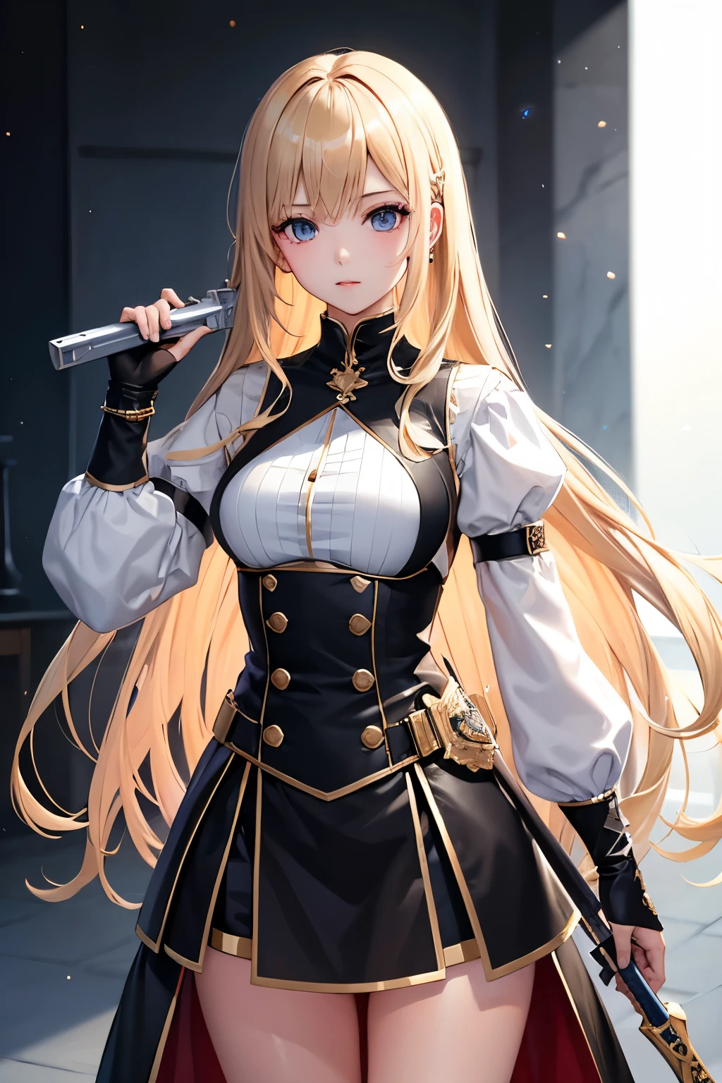 (((highest quality、first-class、masterpiece、Normal body、8k、Detailed face、Ultra-precision、Normal hand、Normal finger、5Finger、Highest)))、2people、2peopleの美少女、Adele and Alisha、Adele is a beautiful girl who is 163cm tall, has medium-long silver hair, and carries a sword.、Alisha is a beautiful girl with a height of 155cm, long blonde hair and a magic gun in a holster.