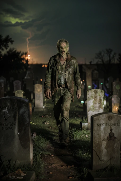 Zombie male middle-aged decay green skin tone dirty full body photo very worn clothes Walking in the graveyard at night Graveyard Night The moment lightning strikes a gravestone Lost your phone and are upset
