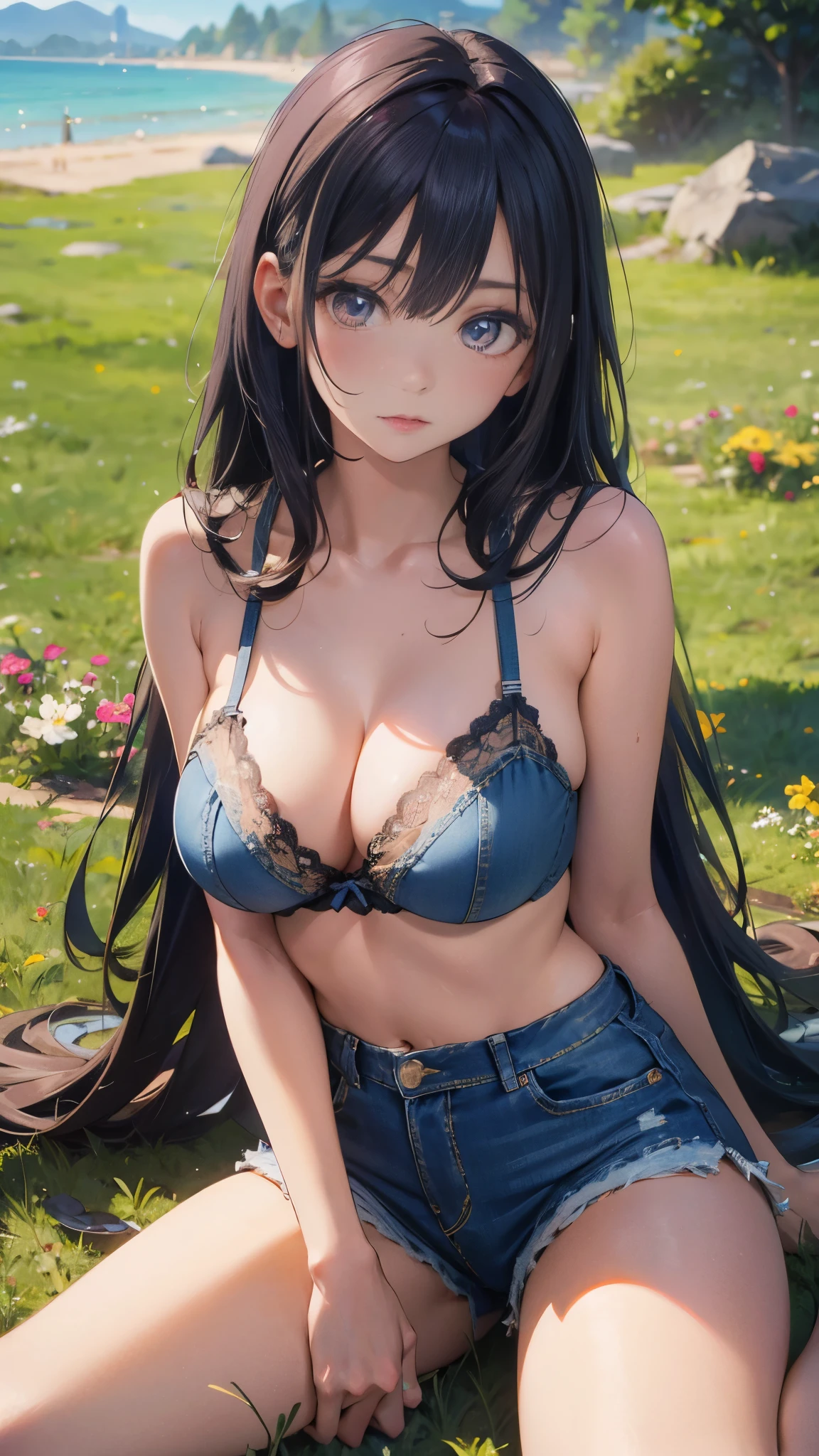 illustration:Ultra-delicate,Lace-trimmed lingerie,Sexy denim shorts,long hair,Longing expression,Large Breasts,Sitting on the grass