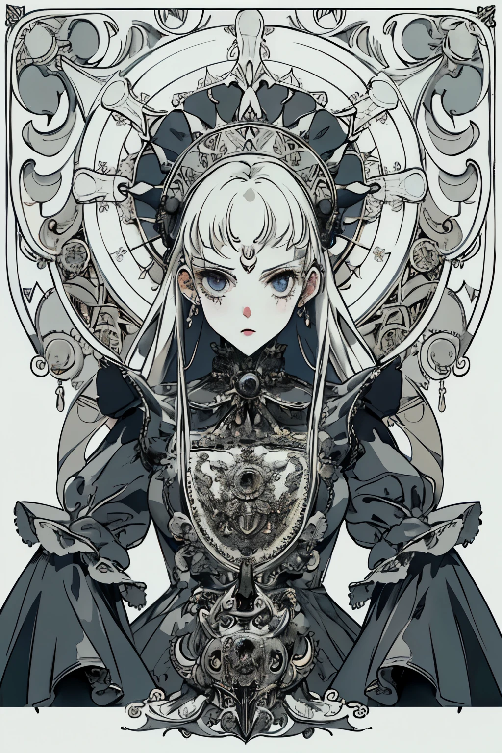 ((best quality)), ((masterpiece)), (detailed), perfect face ((best quality)), ((masterpiece)), (detailed), blank white background, plain background, white background, Bloodborne inspired,  occult aesthetic, occult, detailed and intricate steampunk and detailed gothic, (zentangle, mandala, tangle, entangle),  NSFW, torn clothing, Very dramatic and cinematic lighting, cosmic horror, grim-dark, side-lighting, perfect face, a beautiful goddess adorned and enshrined in armour, Bloodborne inspired , occult aesthetic , occult , detailed and intricate steampunk and detailed gothic , wielding a sword and holding a shield, NSFW, Fluttering lace flared short dress with frilly petticoats, knee length dress, pleated petticoats, ta dress, petticoats gothic loliside-lighting, gothic lolita aetic, beautiful small breasts, small breasts, full body, whole body, body, plain background, white background, blank background, no background, white background NSFW, full body, whole body, head-to-toe
