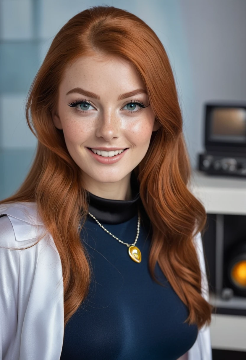 hyperrealistic beautiful busty 20-year-old woman with long legs wearing classic 1960s startrek movie outfit, model shooting full body photography, natural redhead long straight hair, freckles, soaky wet skin, dark eye makeup with eyeliner, seductive smile, small necklace, 8K, Best quality, Meisterwerk, ultra high resolution, (Realismus: 1.4), Originalfoto, (realistische Hautstruktur: 1.3), (Filmkorn: 1.3), (Selfie-Winkel), 1 girl, Beautiful round hazel eyes and facial details, Meisterwerk, Best quality, indoor photography
