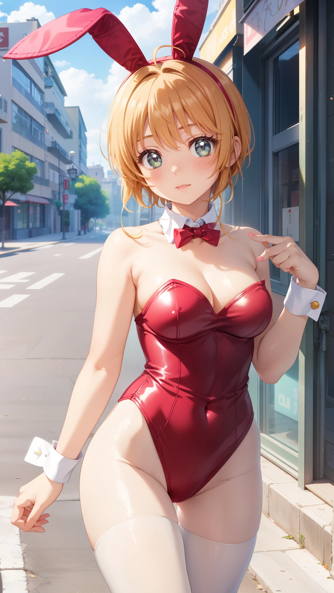 masterpiece, best quality, highres, 1girl, detailed face, blush, anime CG style, (medium breasts), (18 year old girl:1.3), (aged up), good lighting, perfect body, sakura kinomoto, glossy lips, city street, strapless leotard, detached collar, wrist cuffs, (white fishnet tights), bunny ears, (curvy)