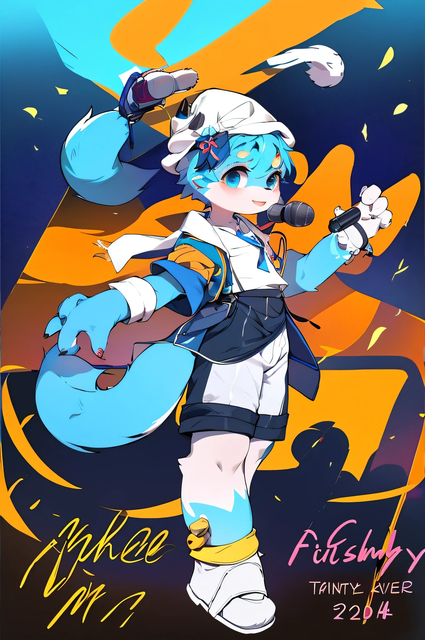Blue fur, Canine, fox motif, boy, uniform,tall，Age is 15 years old，kpop idol style，Dancing，Music programs，Street fashion，On stage live，Group of 4，I have a microphone.，