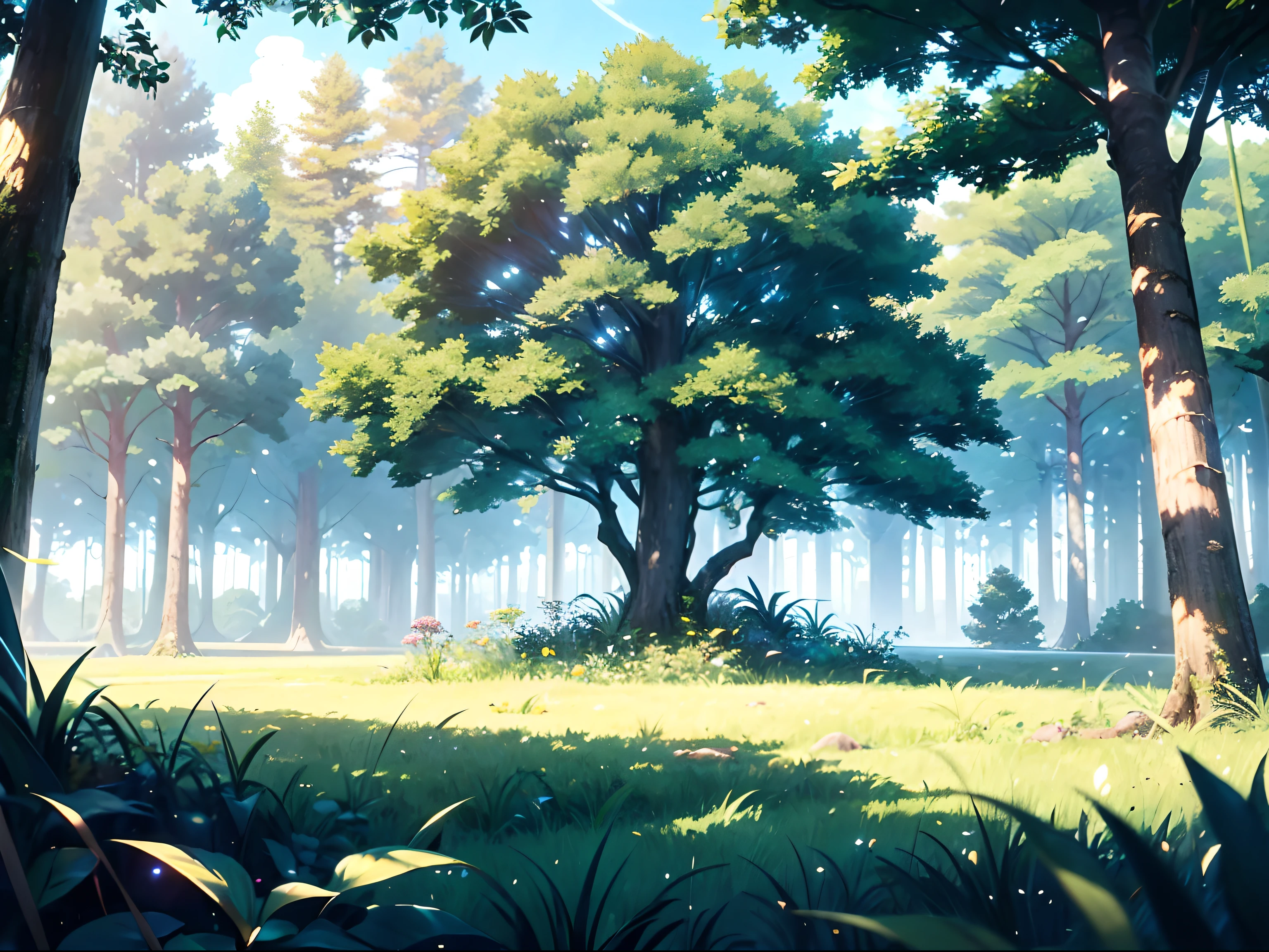 Gentle, Anime Background Art, Clean lines, Intricate details, Serene, empty, High quality, Ray Tracing Video Games, Overgrown, grassy fields, Neutral plants, pine trees, Vibrant, The tree々is densely packed, Leaves in the ground, Pretty, landscape wallpaper, Untouched nature, Dense green,