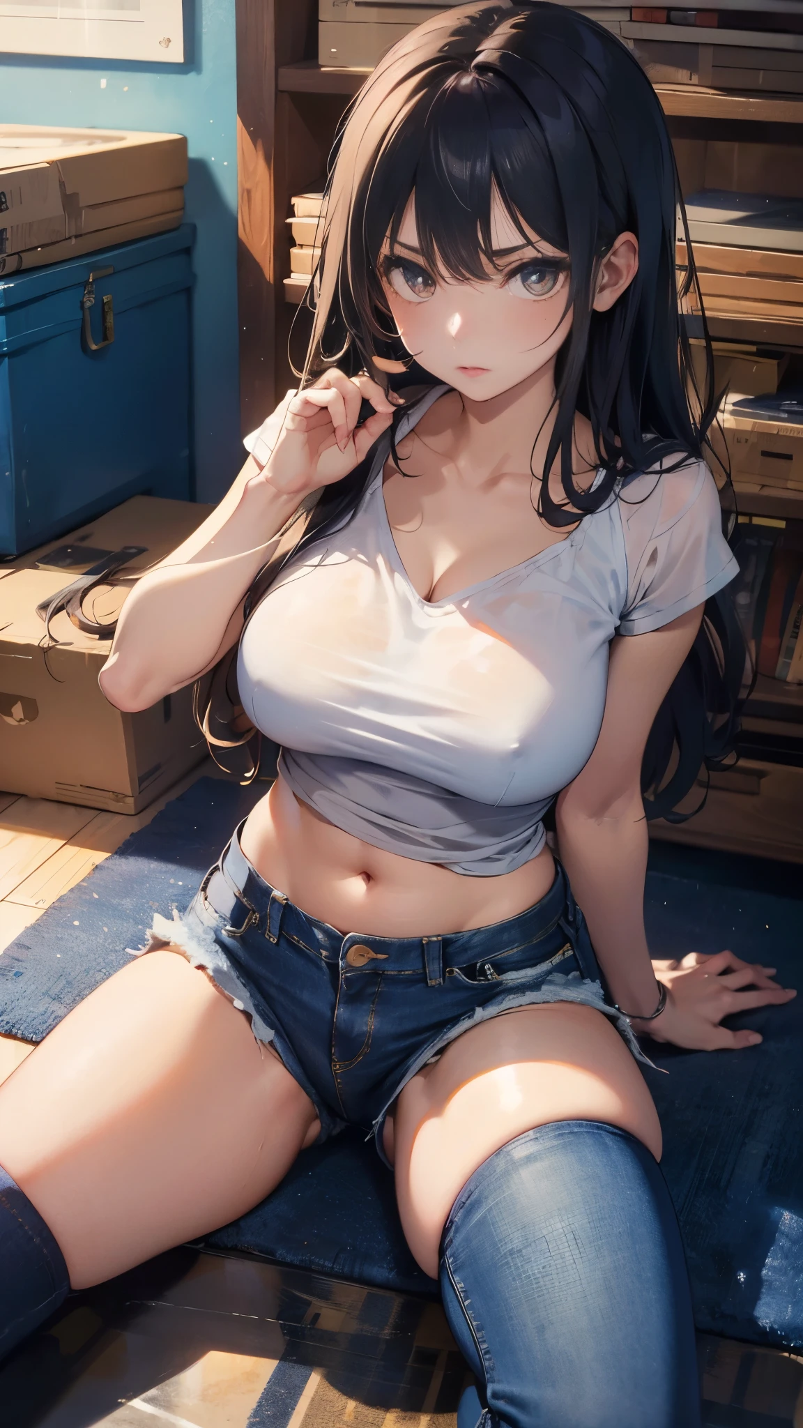 illustration：Ultra-delicate，No underwear，Sexy denim shorts，long hair，Expression of disdain，Large Breasts，sit on the floor