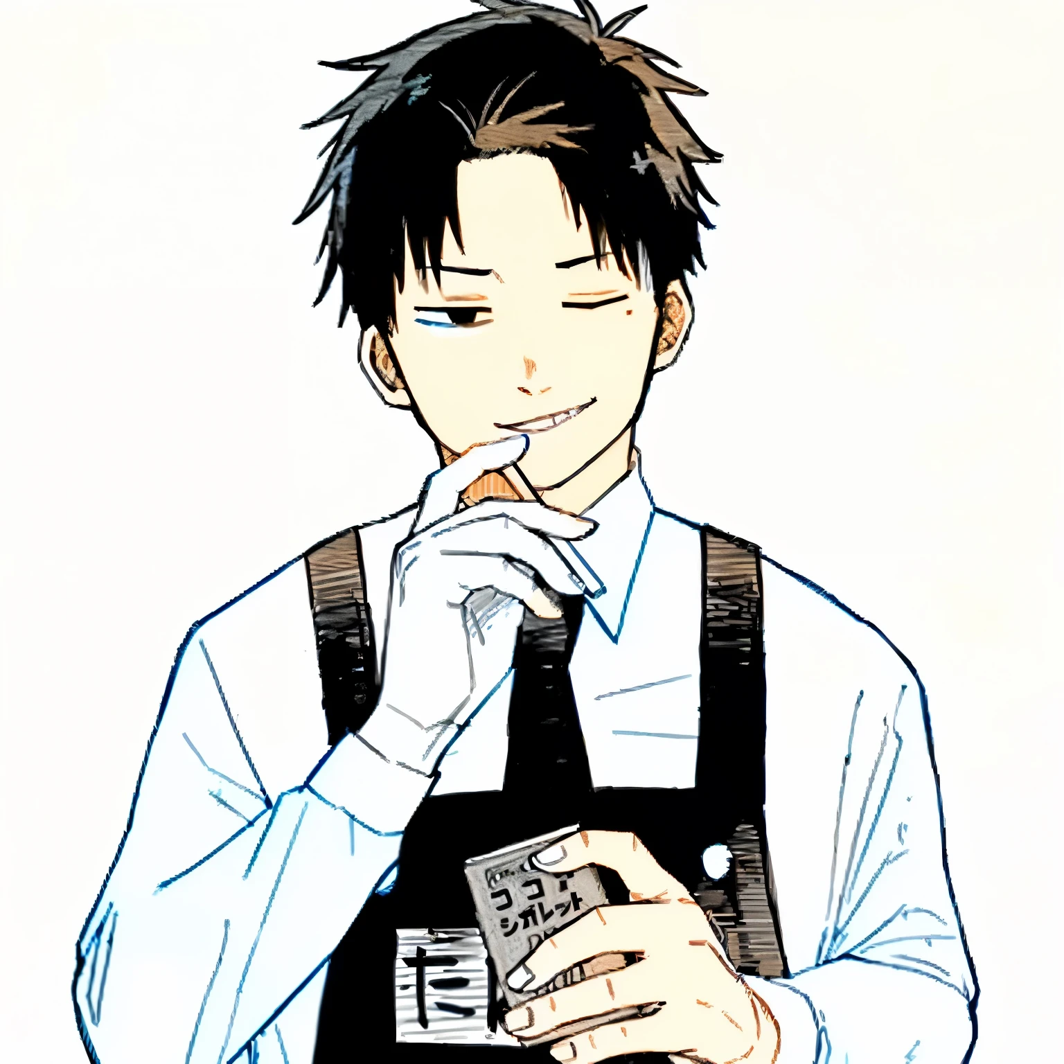 A coloured sketch of a man holding a cigarette in one hand, light coloured skin,one eye closed having a smirky facial expression, wearing a white coloured uniform,with a black coloured appron.(Accurate sketch lines,no bad anatomy)