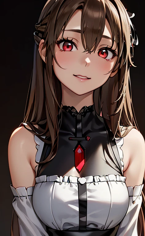 (Photorealistic:1.4)、(asuna,20-year-old:1.5),(masterpiece、lens flare:1.5、spot light:1.2、Exquisite beautiful eye:1.5,portlate),(kind eyes、tareme:1.2),(Demure:1.2)
、Cute Face、 3D Face、(brown hair:1.5)、(wavy hair:1.3),(1 woman)、(Red eyes:1.2)、(upper body)、(dark persona:1.5)、(head tilt) ,(Cute face:1.2),(flat chest),(half closed eyes),kind face,(white red lace frilled gothic lolita),(black background:1.5)、(glowing eyes:1.3)、()、 Neat and clean、Adorable、Slim Body(Tareme:1.5),Shiny Hair、(Glowing pink Skin)、Nijisketch,Manga,beautifuljapanesewoman