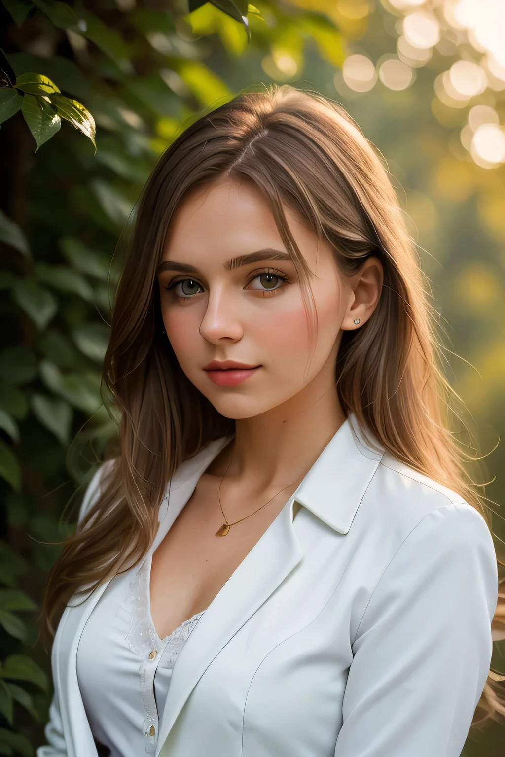 A girl of Belarusian appearance with long light brown hair below her shoulders. 30 years. Dressed in business clothes: white blouse and jacket. Against the backdrop of nature in soft pastel colors. great lighting. Shot with Leica.