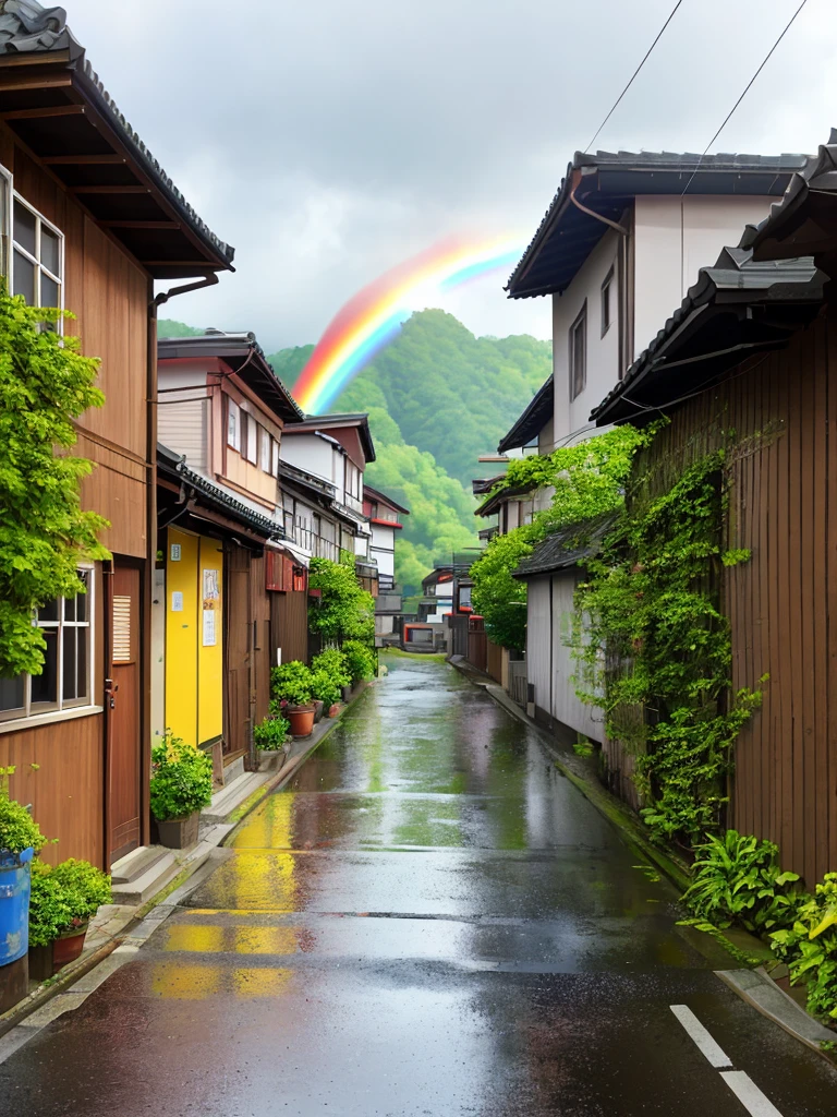 Small village street、It's raining、The sun is shining、Beautiful rainbow