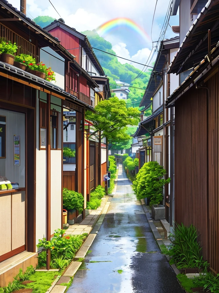 Small village street、It's raining、The sun is shining、Beautiful rainbow