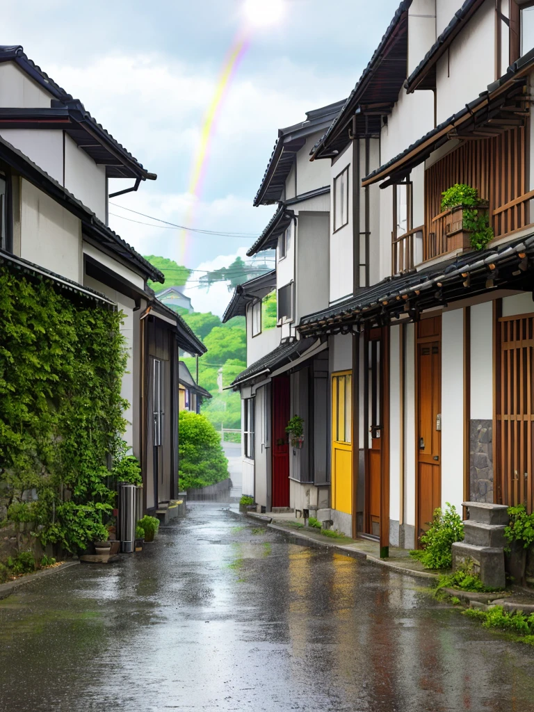 Small village street、It's raining、The sun is shining、Beautiful rainbow