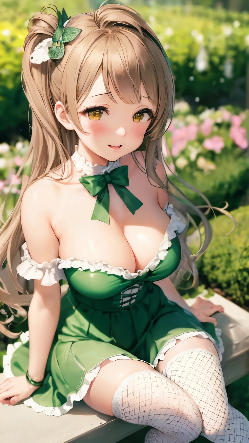 Delicate Composition, hyper detailed, best quality, blurry foreground, dynamic view, 1 girl, (seductive smile:0.6), solo, large breasts, hair in takes, beautiful detailed garden, fluttered detailed petal, grow, (white fishnet tights), minami kotori, sitting