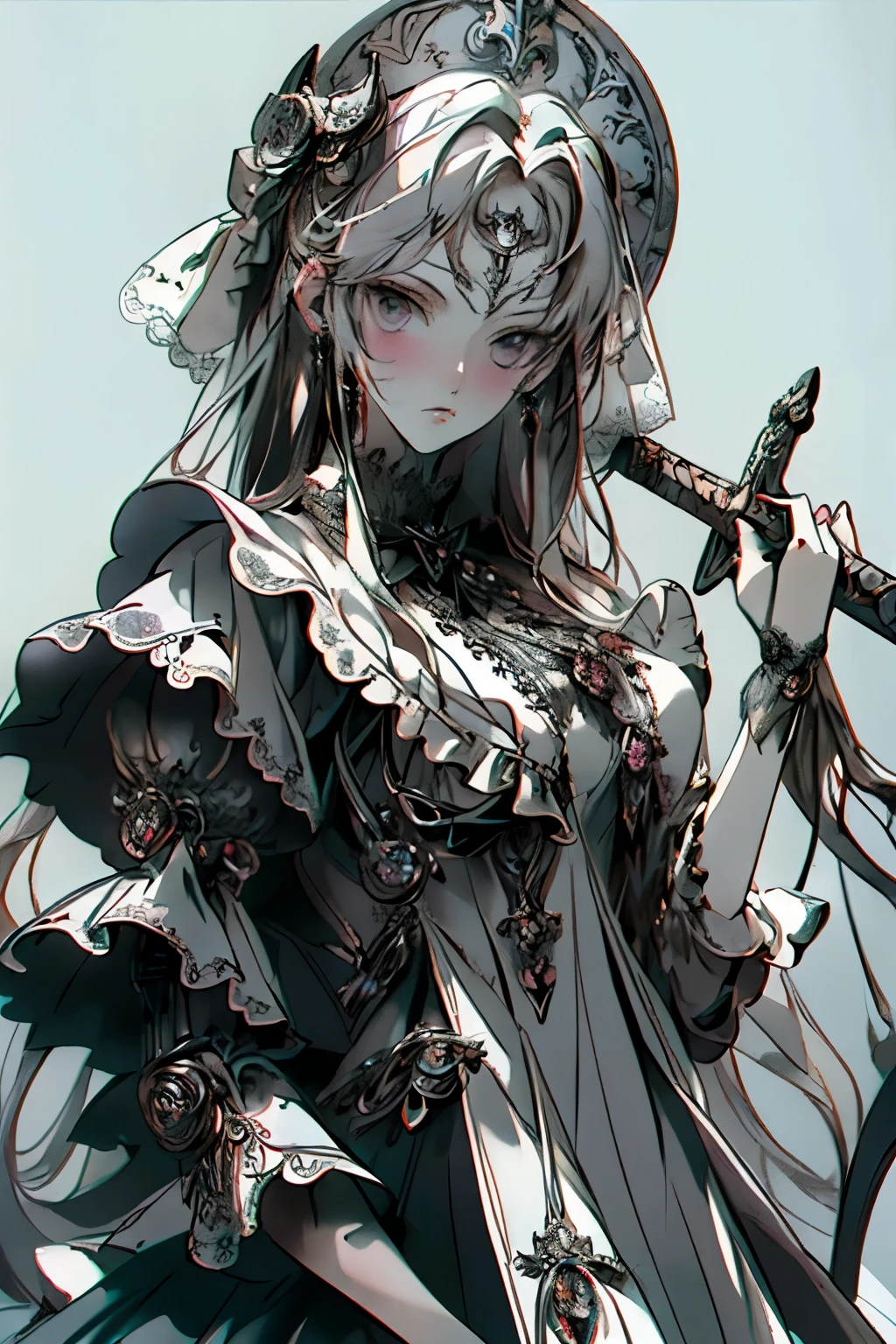 ((best quality)), ((masterpiece)), (detailed), perfect face ((best quality)), ((masterpiece)), (detailed), blank white background, plain background, white background, Bloodborne inspired, occult aesthetic, occult, detailed and intricate steampunk and detailed gothic, (zentangle, mandala, tangle, entangle), NSFW, torn clothing, Very dramatic and cinematic lighting, cosmic horror, grim-dark, side-lighting, perfect face, a beautiful goddess adorned and enshrined in armour, Bloodborne inspired , occult aesthetic , occult , detailed and intricate steampunk and detailed gothic , wielding a sword and holding a shield, NSFW, Fluttering lace flared short dress with frilly petticoats, knee length dress, pleated petticoats, lolita dress, petticoats gothic lolita, side-lighting, gothic lolita aesthetic, beautiful small breasts, small breasts, full body, whole body, body, plain background, white background, blank background, no background, white background NSFW, full body, whole body, head-to-toe