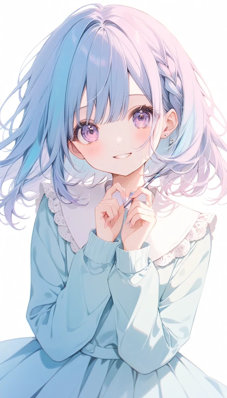 pastel colors, smile, 1girl,pastel blue color hair,