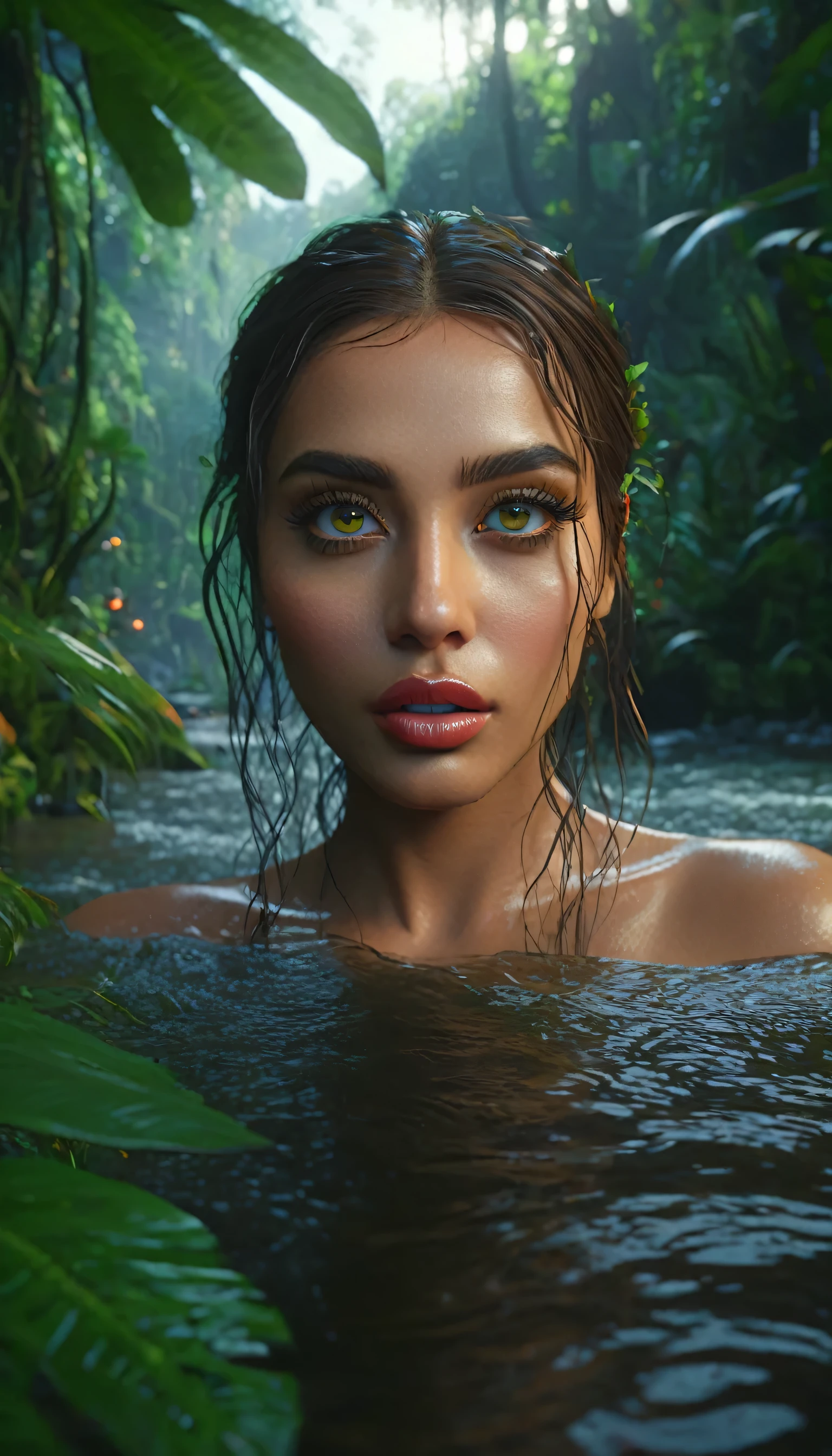 a lush jungle with a flowing river, beautiful detailed eyes, beautiful detailed lips, extremely detailed eyes and face, long eyelashes, photorealistic, 32k, ultra-detailed, high quality, dramatic lighting, vibrant colors, intricate details, volumetric fog, dynamic composition, cinematic atmosphere, masterpiece