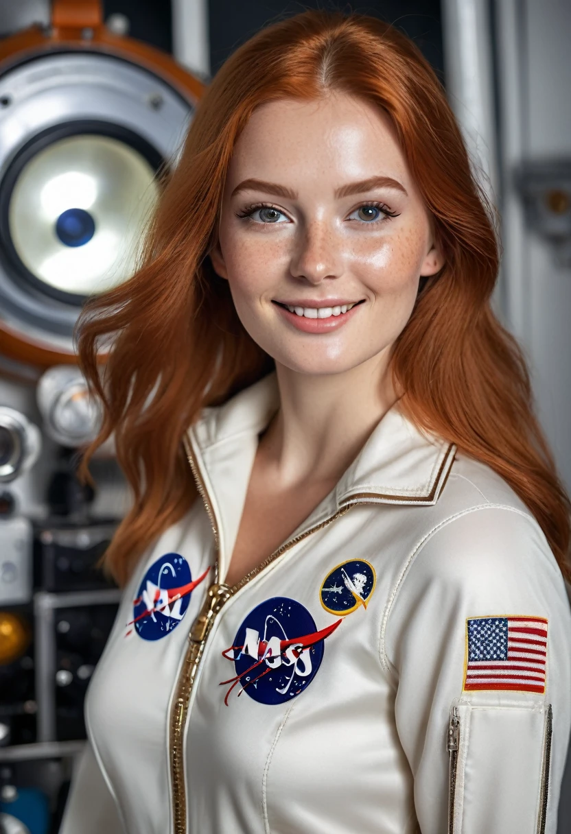 hyperrealistic beautiful busty 20-year-old woman with long legs wearing classic 1960s astronaut outfit, model shooting full body photography, natural redhead long straight hair, freckles, soaky wet skin, dark eye makeup with eyeliner, seductive smile, small necklace, 8K, Best quality, Meisterwerk, ultra high resolution, (Realismus: 1.4), Originalfoto, (realistische Hautstruktur: 1.3), (Filmkorn: 1.3), (Selfie-Winkel), 1 girl, Beautiful round hazel eyes and facial details, Meisterwerk, Best quality, indoor photography
