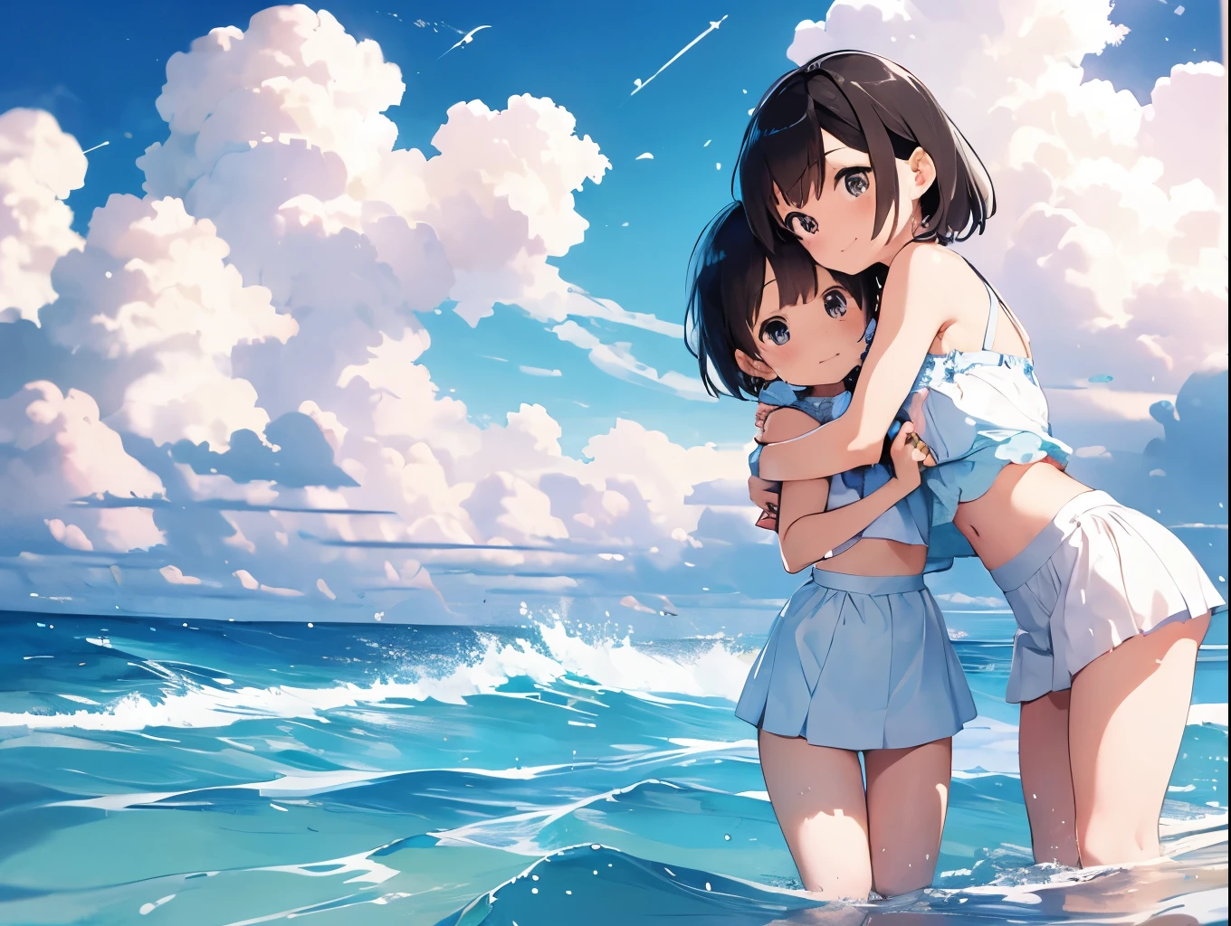 Short bob girl、A light blue bra clinging to a pure white dress shirt、A light blue mini skirt with cute white shorts that are lifted up、barefoot、Sandy beach, cumulonimbus clouds and blue sky、up、Sisters Hug